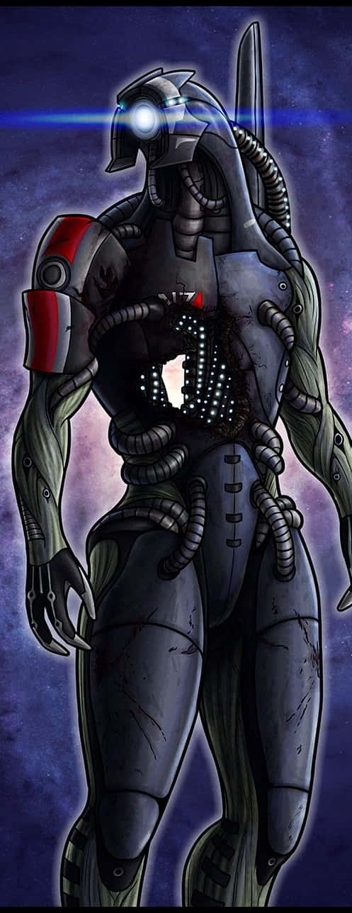 Mass Effect Legion 桌布 壁紙 — 一個擁有發光藍色眼睛和暴露內部線路的生物力學戰士，站在宇宙星空背景前。