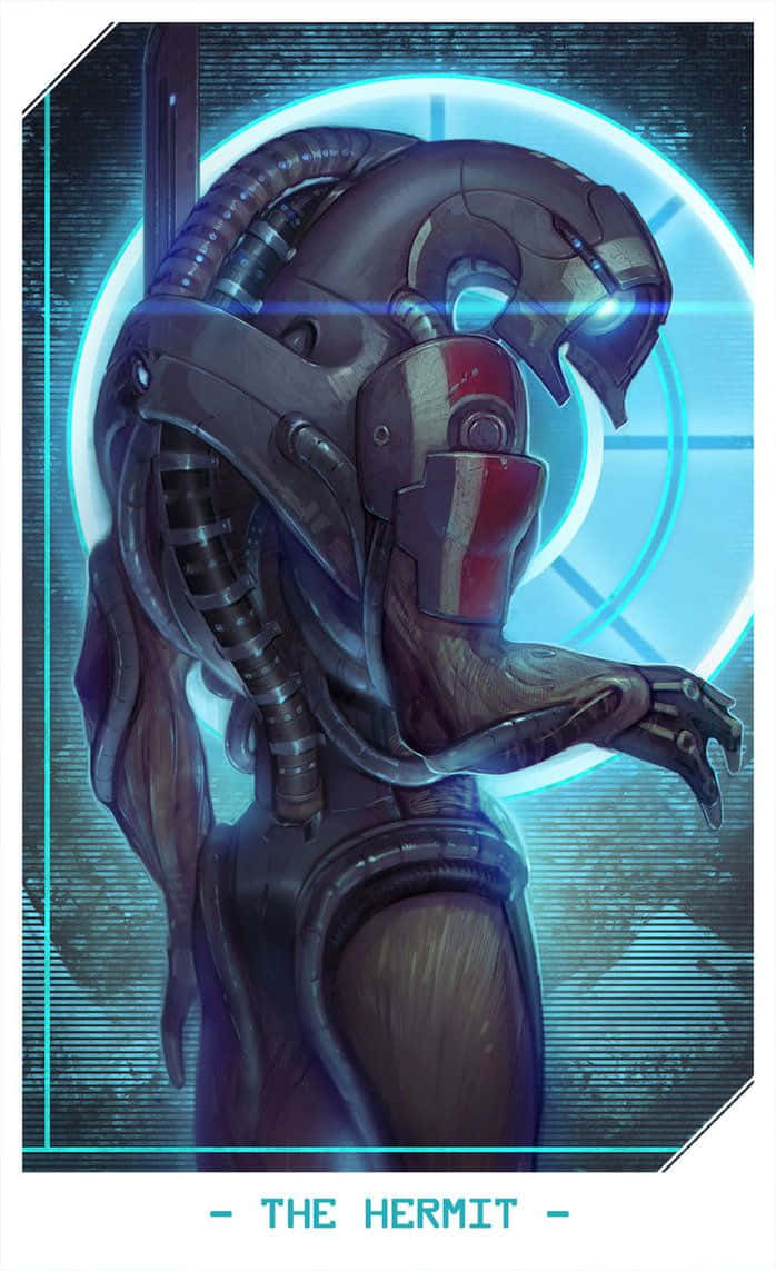 Mass Effect Legion 桌布 壁紙 — 一個擁有發光藍色眼睛和機械肢體的網路隱士，站在數位環境中的未來圓形傳送門前。