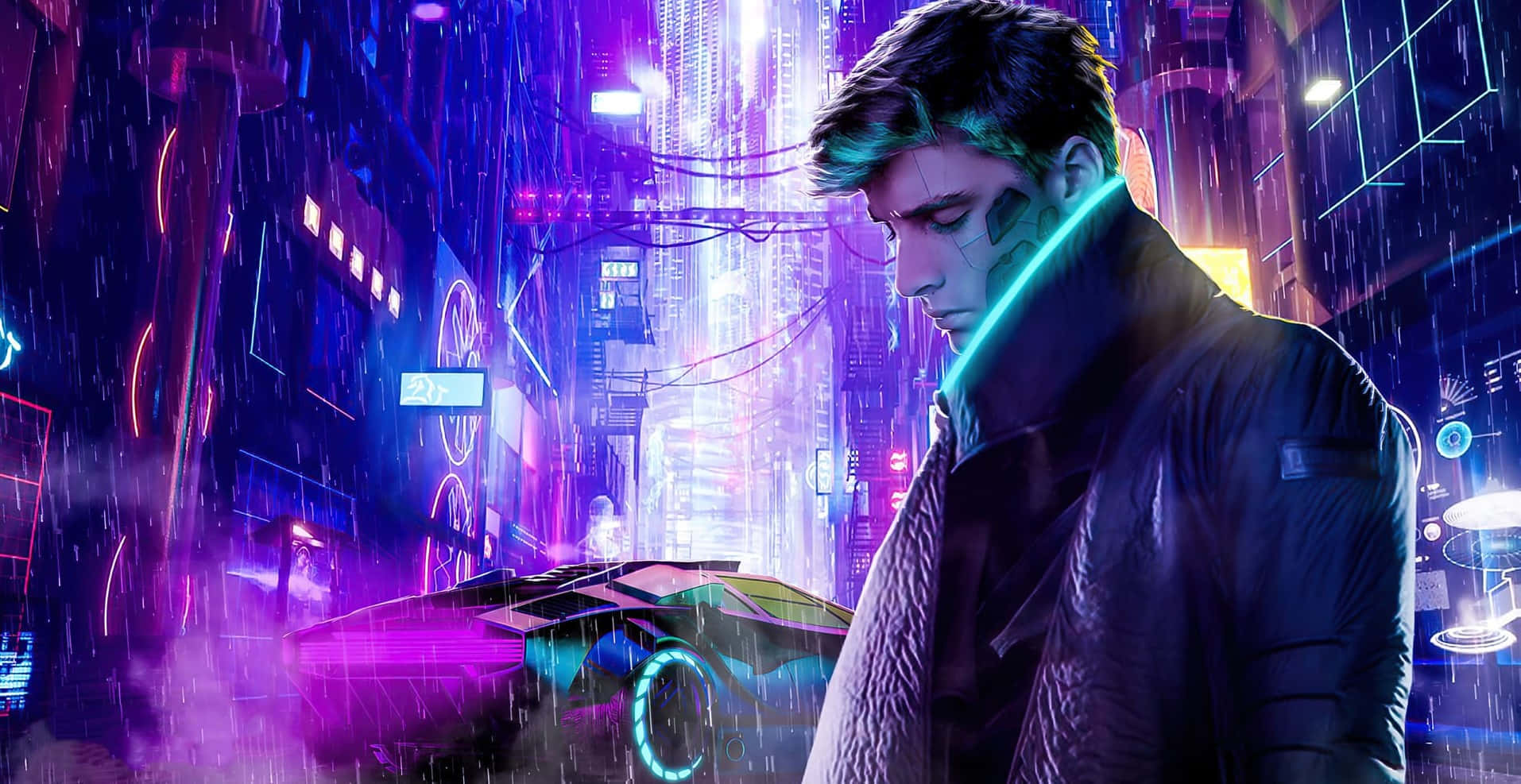 Cyberpunk Laptop 桌布 壁紙 — 一個擁有發光賽博格頸部的賽博龐克男子站在被雨水浸透、霓虹燈閃爍的城市街道上，旁邊是一輛未來主義的汽車。