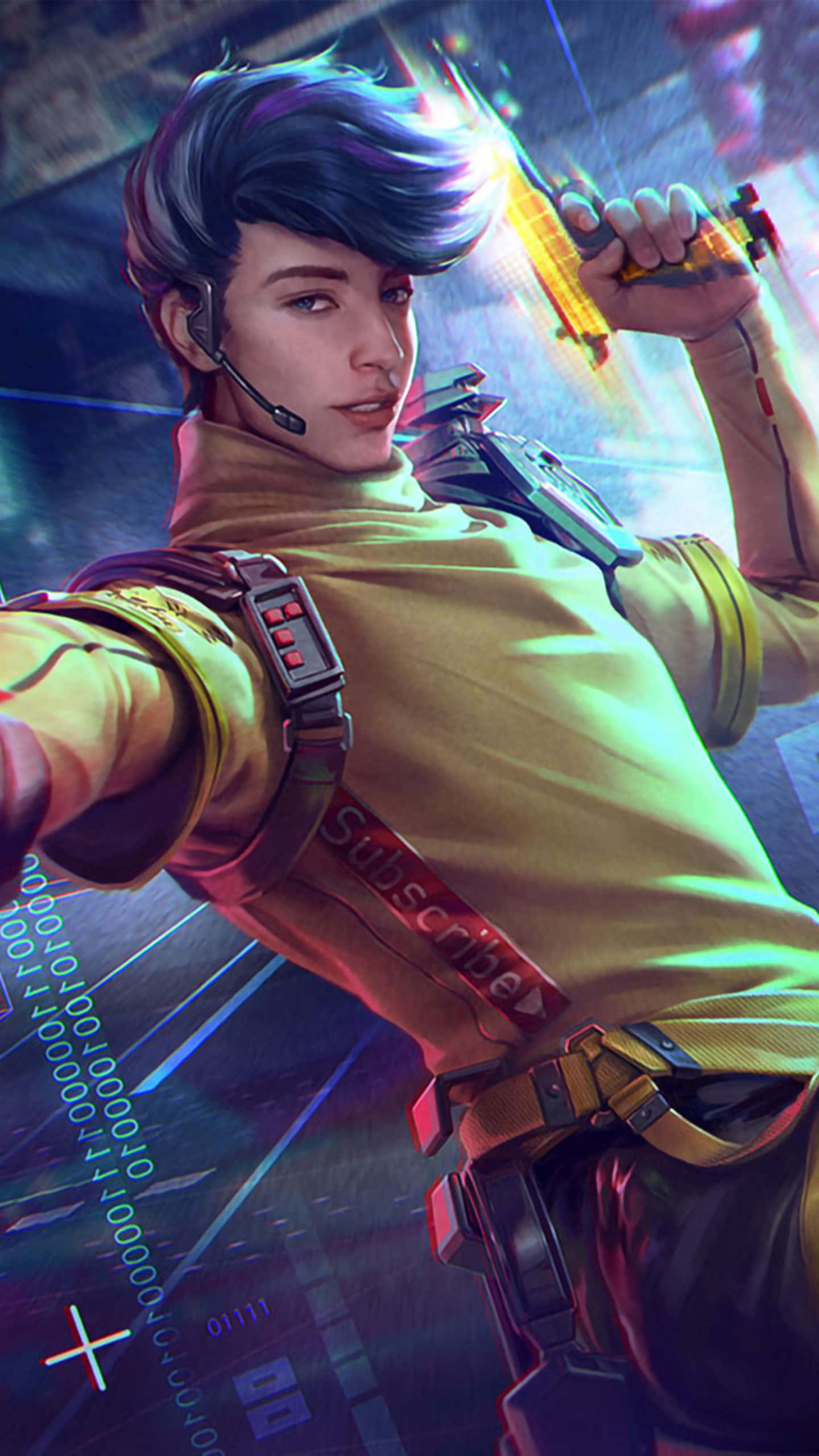 Free Fire 桌布 壁紙 — 一個擁有發光頭髮的賽博龐克玩家，在數位數據流背景下揮舞著霓虹武器。
