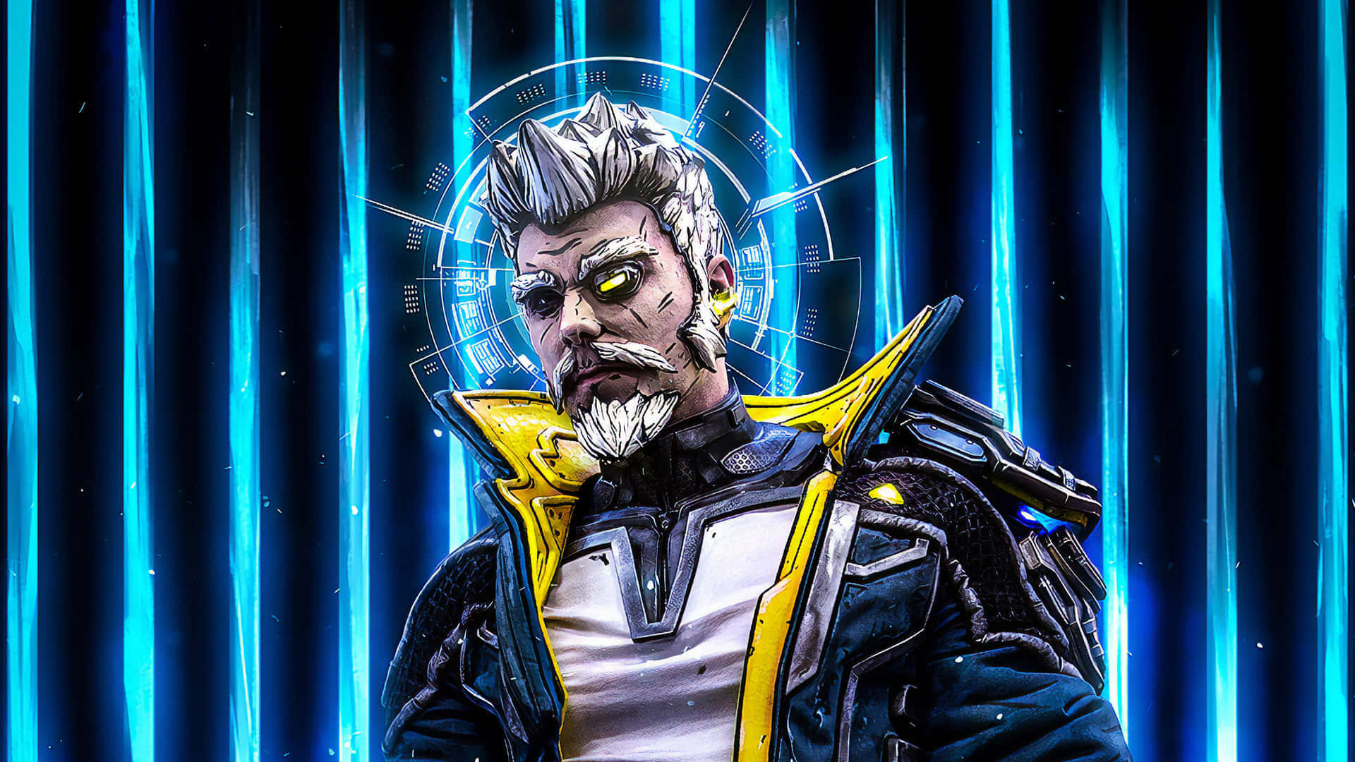 Borderlands 桌布 壁紙 — 一個擁有發光黃色眼睛和尖刺白色頭髮的賽博龐克戰士，站在藍色霓虹燈數位介面前。