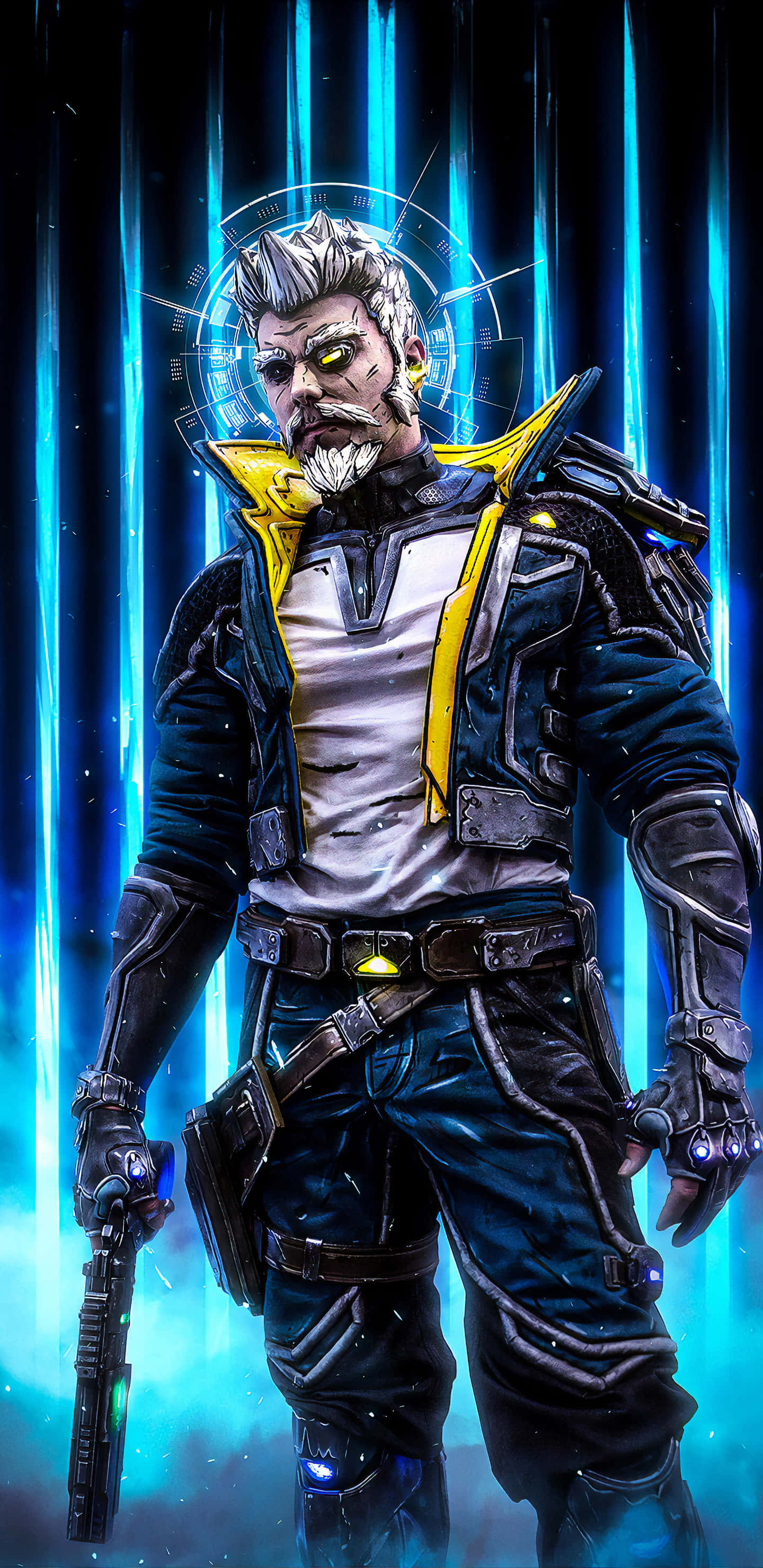 Pixel 3xl Borderlands 3 桌布 壁紙 — 一個擁有發光黃色眼睛和未來裝甲的賽博龐克戰士，站在藍色霓虹燈背景前。