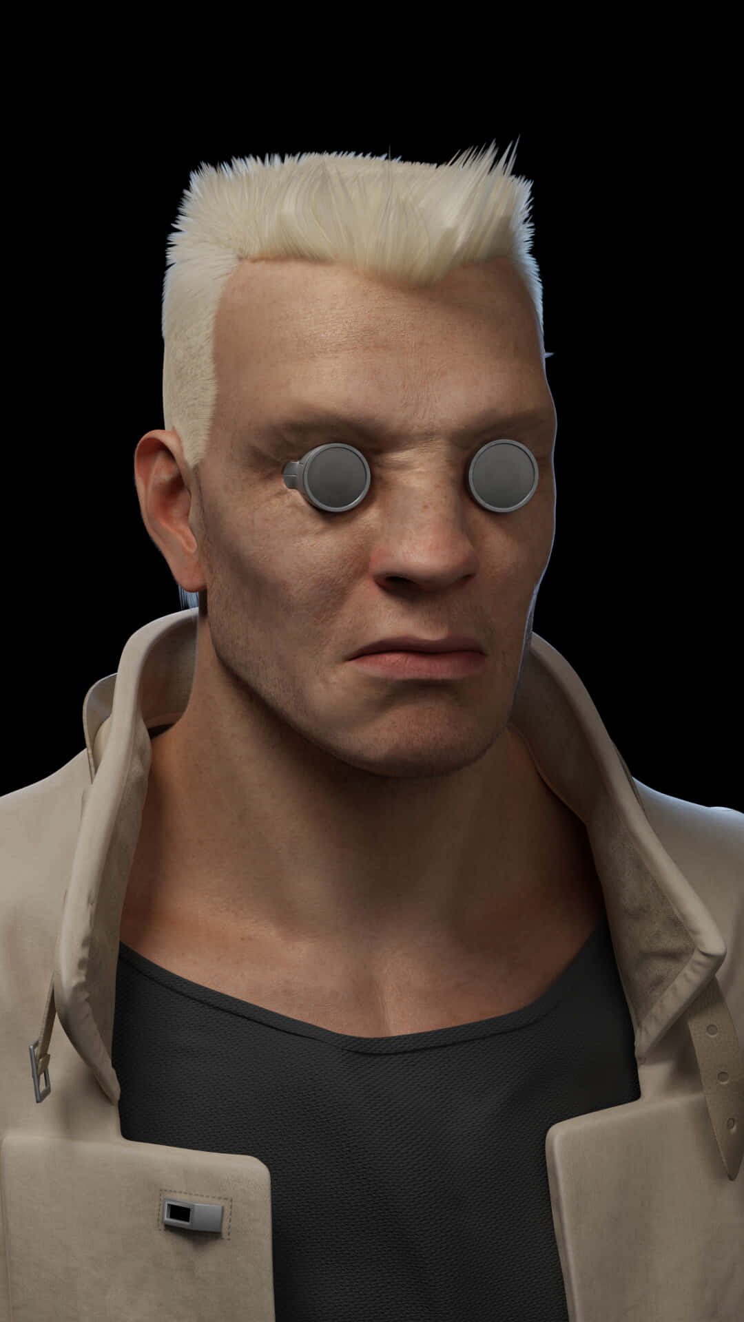 Ghost In The Shell Batou 桌布 壁紙 — 一個擁有白色尖刺頭髮和圓形護目鏡的賽博龐克男子，在黑色背景下強烈凝視。