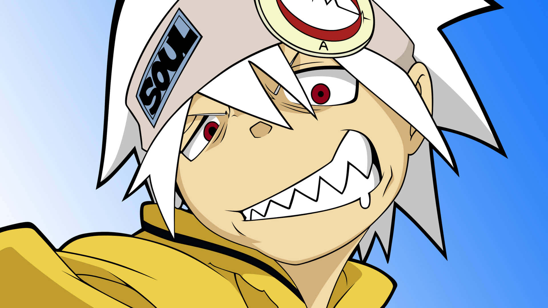 Soul Eater 桌布 壁紙 — 一個擁有白色尖刺頭髮和紅色眼睛的動漫角色，在明亮的藍天下兇狠地咧嘴笑。