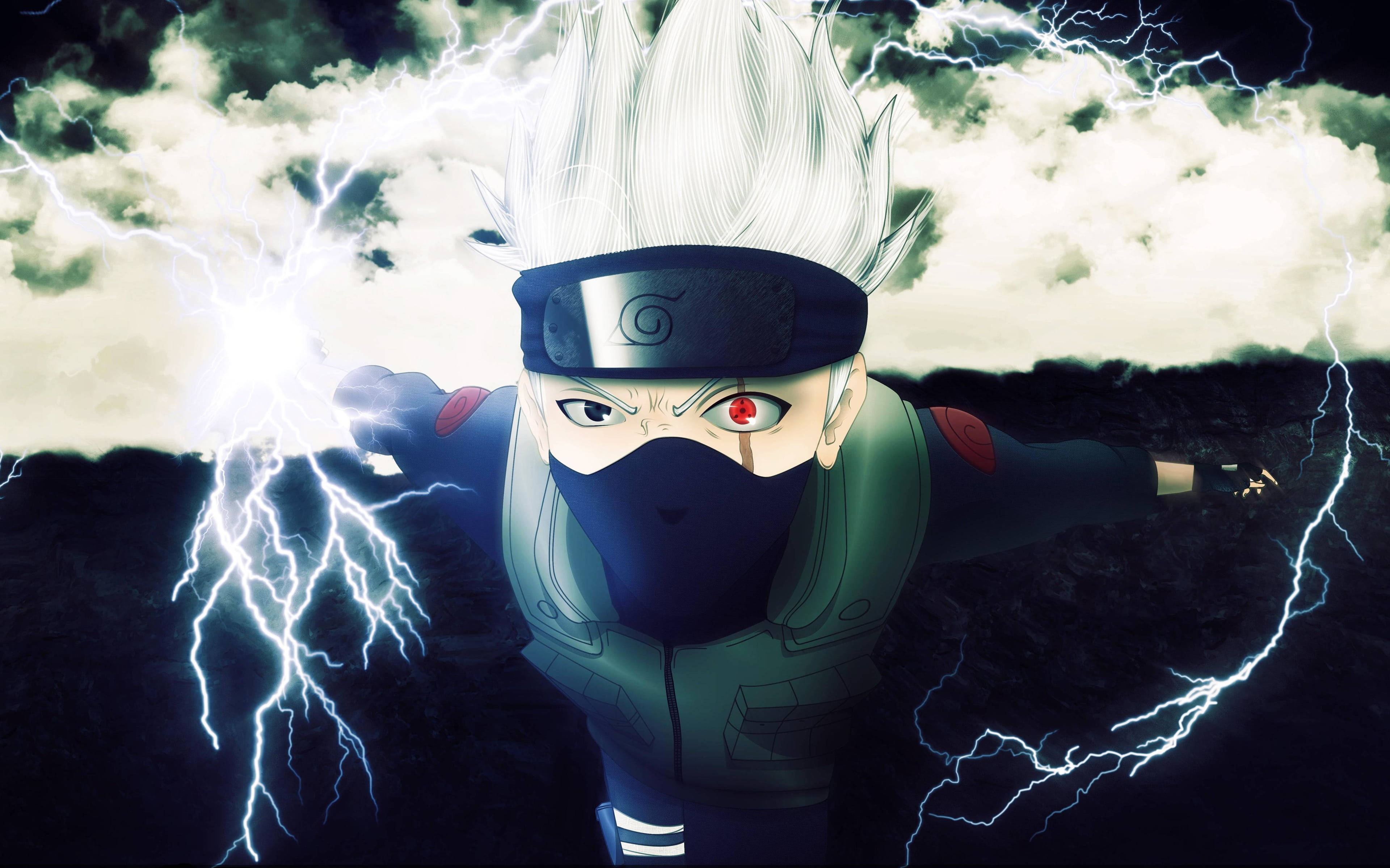 kakashi pfp 桌布 壁紙 — 一個擁有白色尖刺頭髮和紅色眼睛的忍者，正從手中向暴風雨的天空釋放閃電。