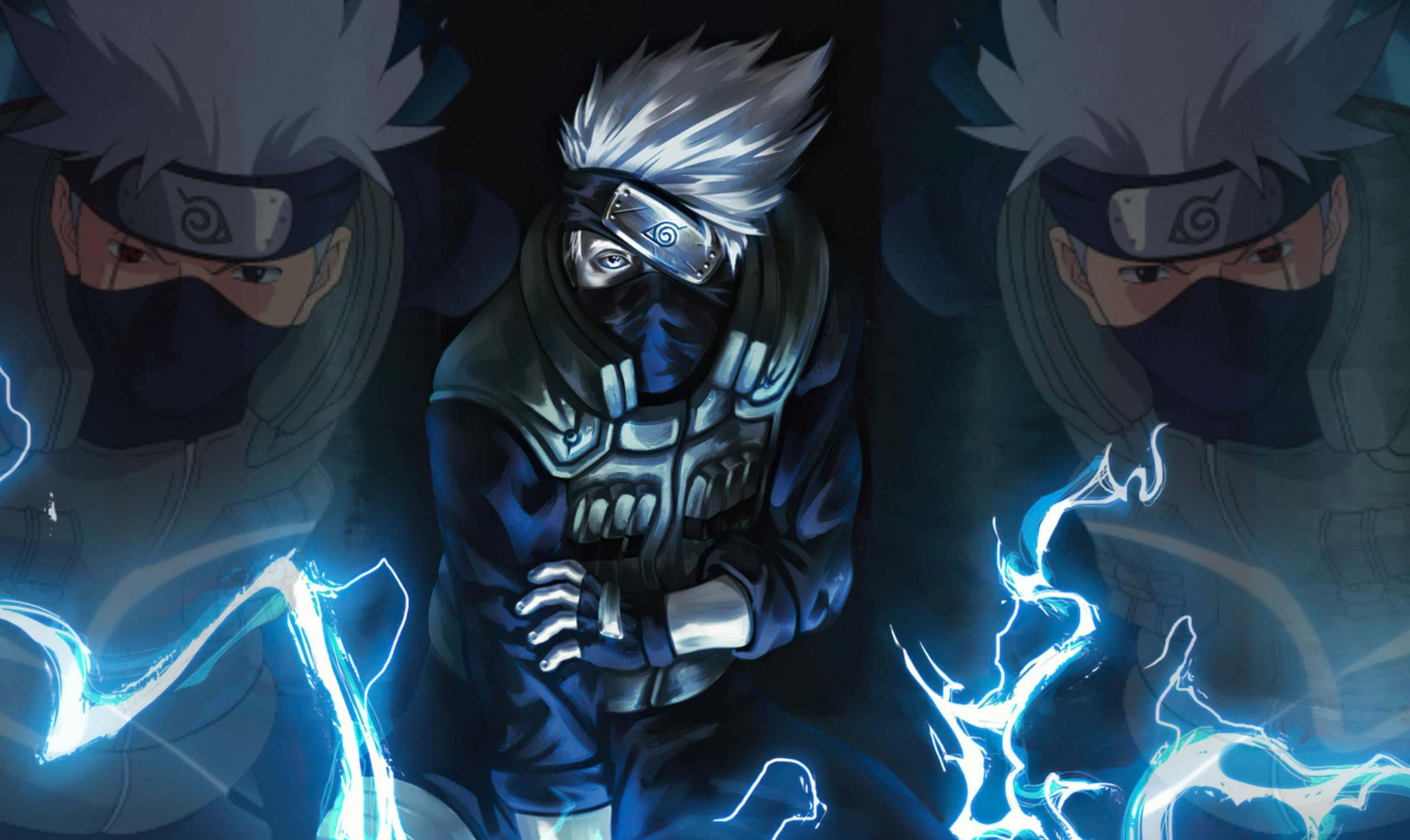 Naruto Anime 桌布 壁紙 — 一個擁有白色尖刺頭髮和面具的忍者，在黑暗、鏡像構圖中引導藍色閃電能量。