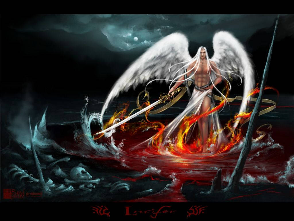 路西法 桌布 壁紙 — 一個擁有白色翅膀的墮落天使在月光下的黑暗水域和頭骨中揮舞著一把火焰劍。