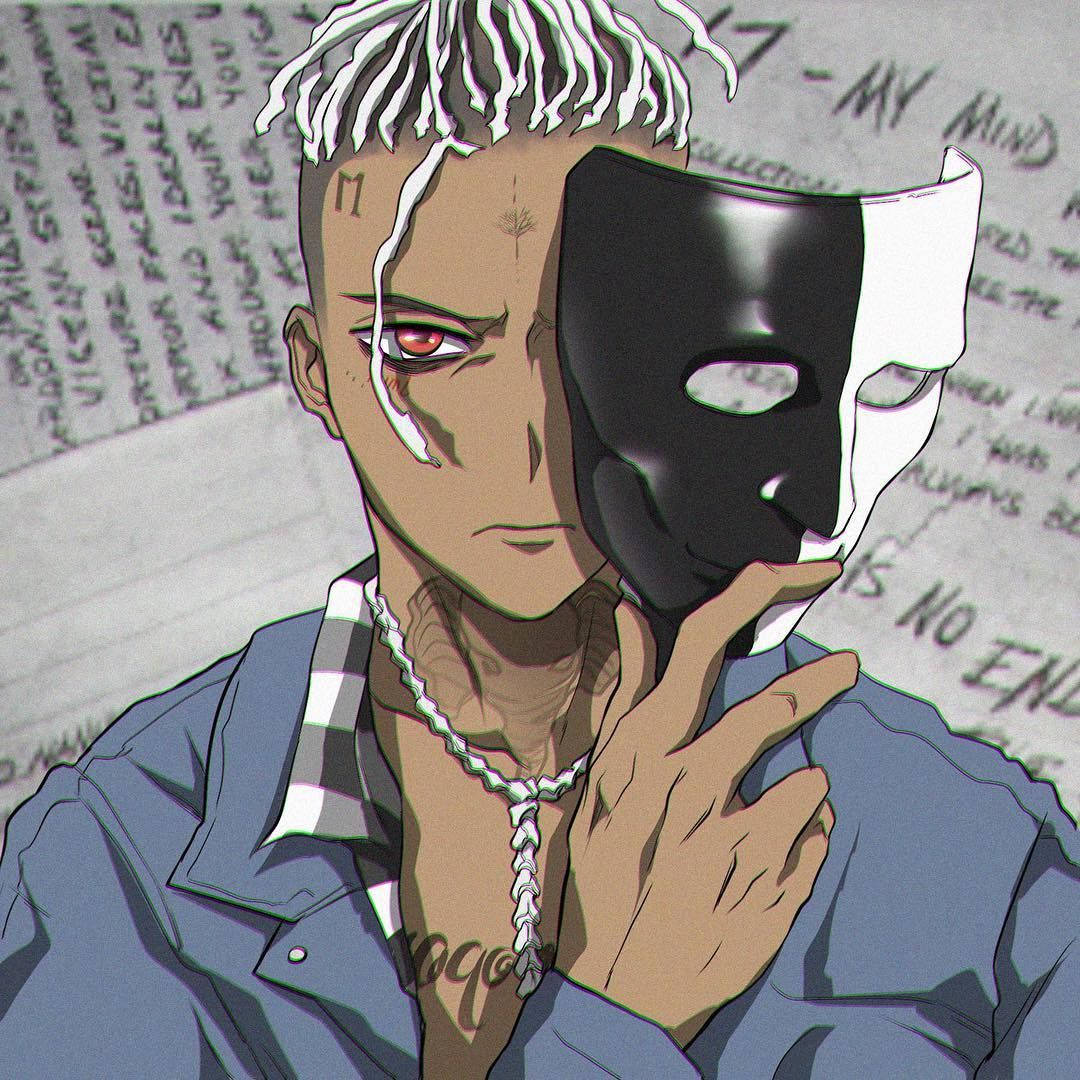 xxxtentacion 動畫 桌布 壁紙 — 一個擁有白色辮子頭和紅色眼睛的動漫角色，手持黑白面具貼在臉上，背景充滿紋身和潦草文字。