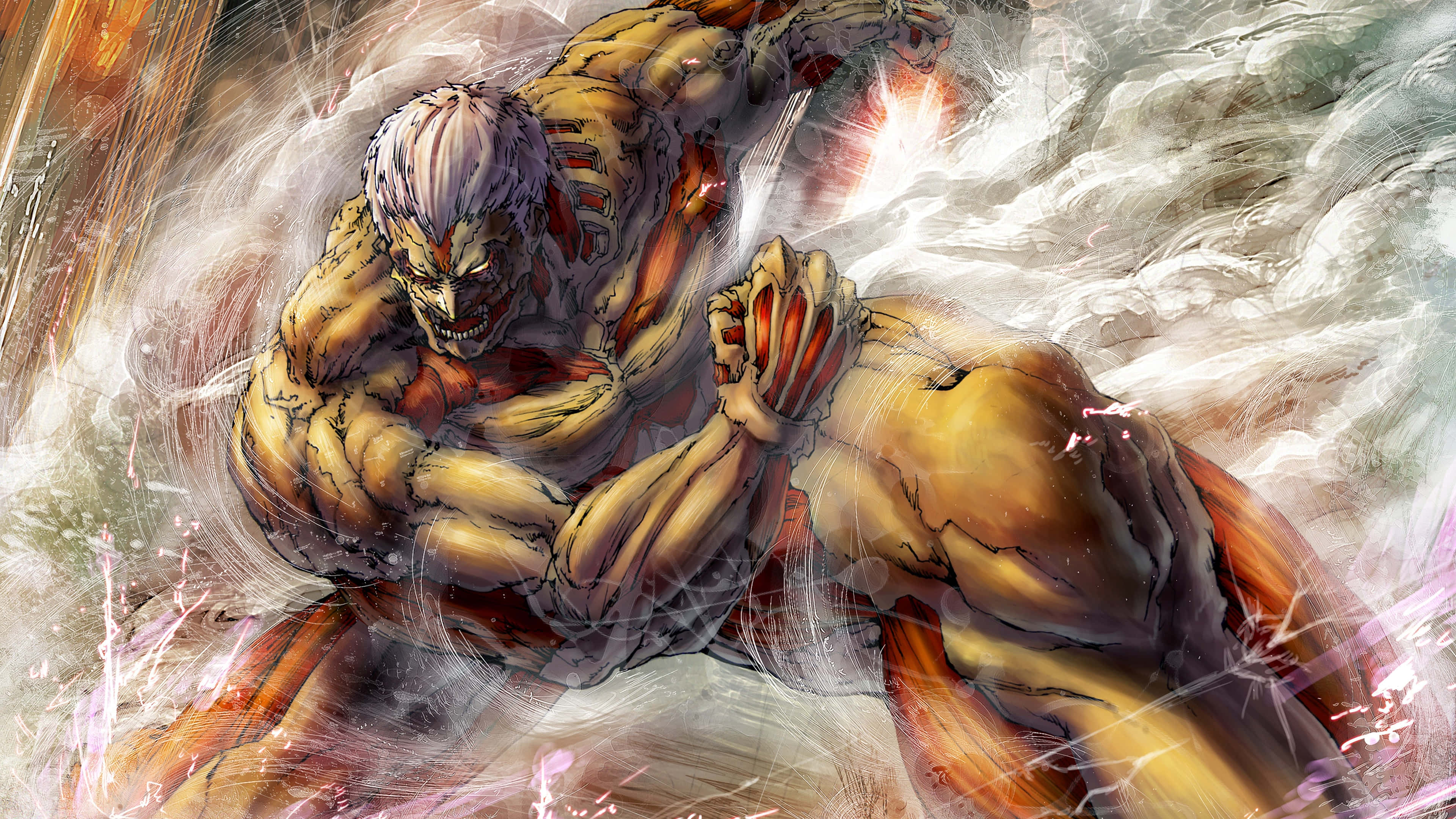 Armored Titan 桌布 壁紙 — 一個擁有白髮和紅色標記的巨型巨人，在旋轉的碎片和爆炸性能量中與另一個巨人激烈搏鬥。