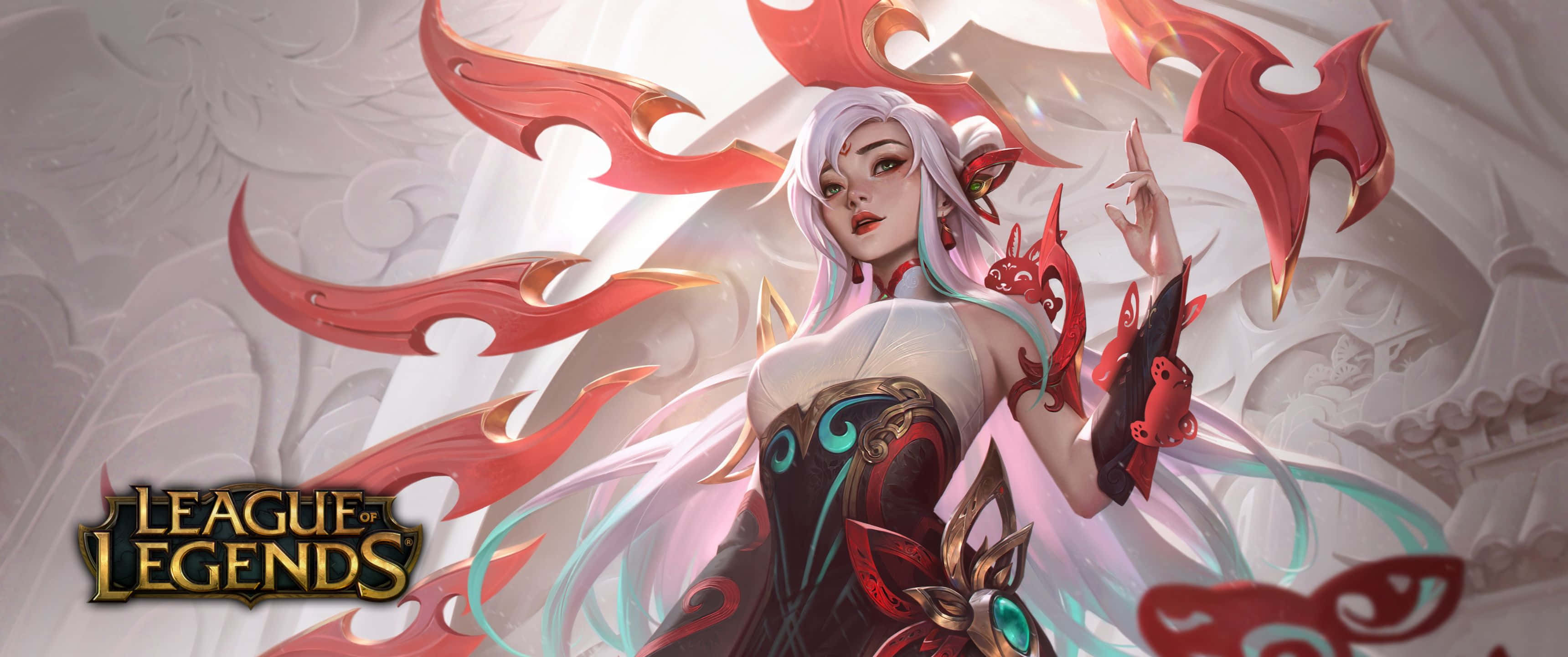 character design 桌布 壁紙 — 一個擁有白髮和紅色龍紋的奇幻動漫角色，漂浮在華麗的白色建築之間。