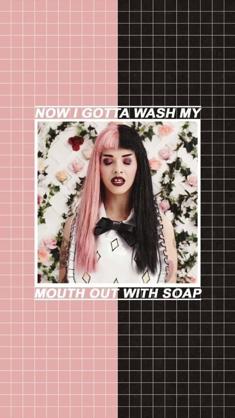 Melanie Martinez Aesthetic 桌布 壁紙 — 一個擁有粉紅和黑色頭髮及大膽妝容的人站在花卉背景前，背景由粉紅和黑色網格圖案及文字疊加框住。