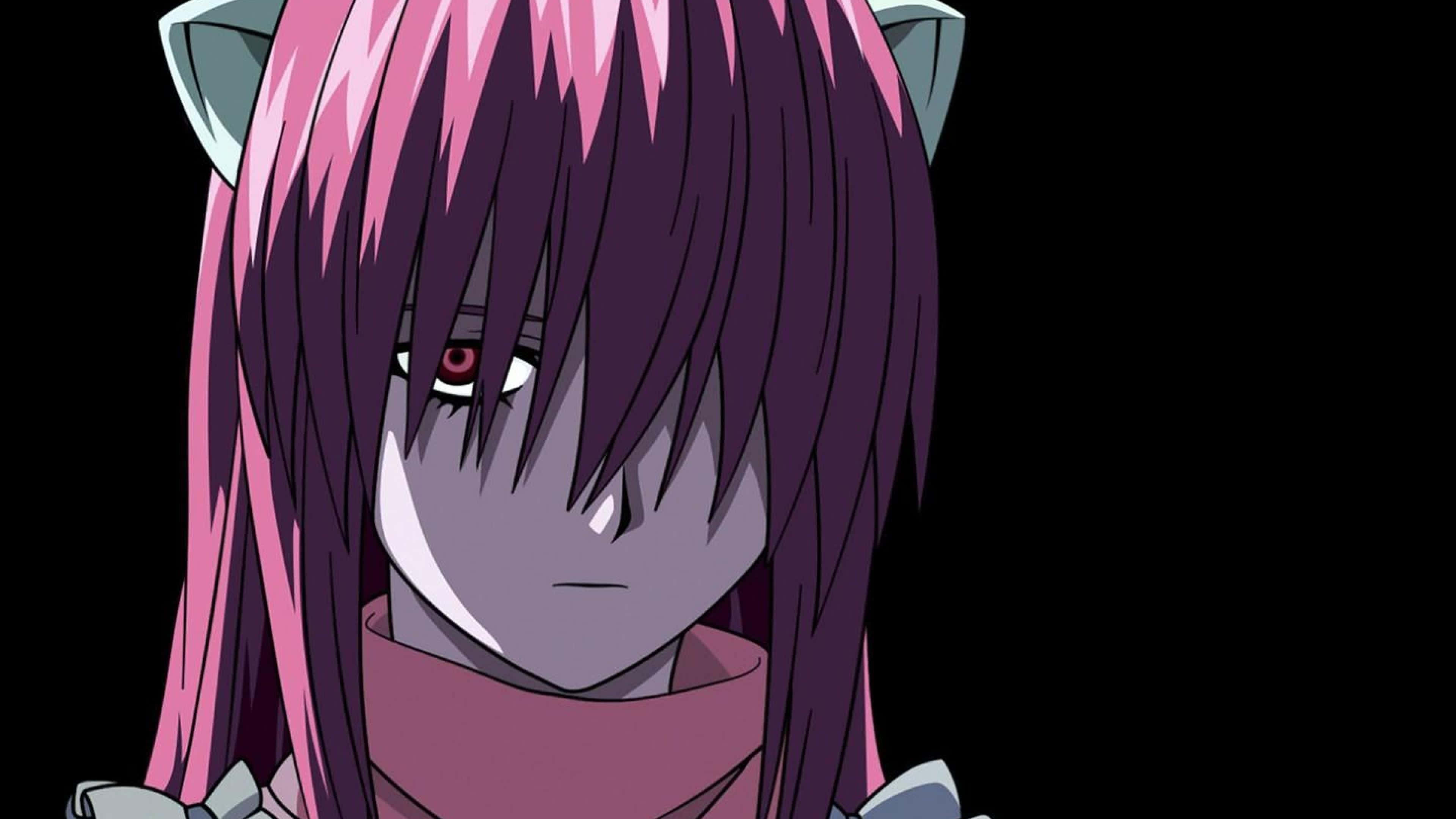 Elfen Lied 桌布 壁紙 — 一個擁有粉紅色和紫色頭髮、貓耳朵和紅色眼睛的動漫女孩特寫，在黑色背景下莊嚴地凝視。