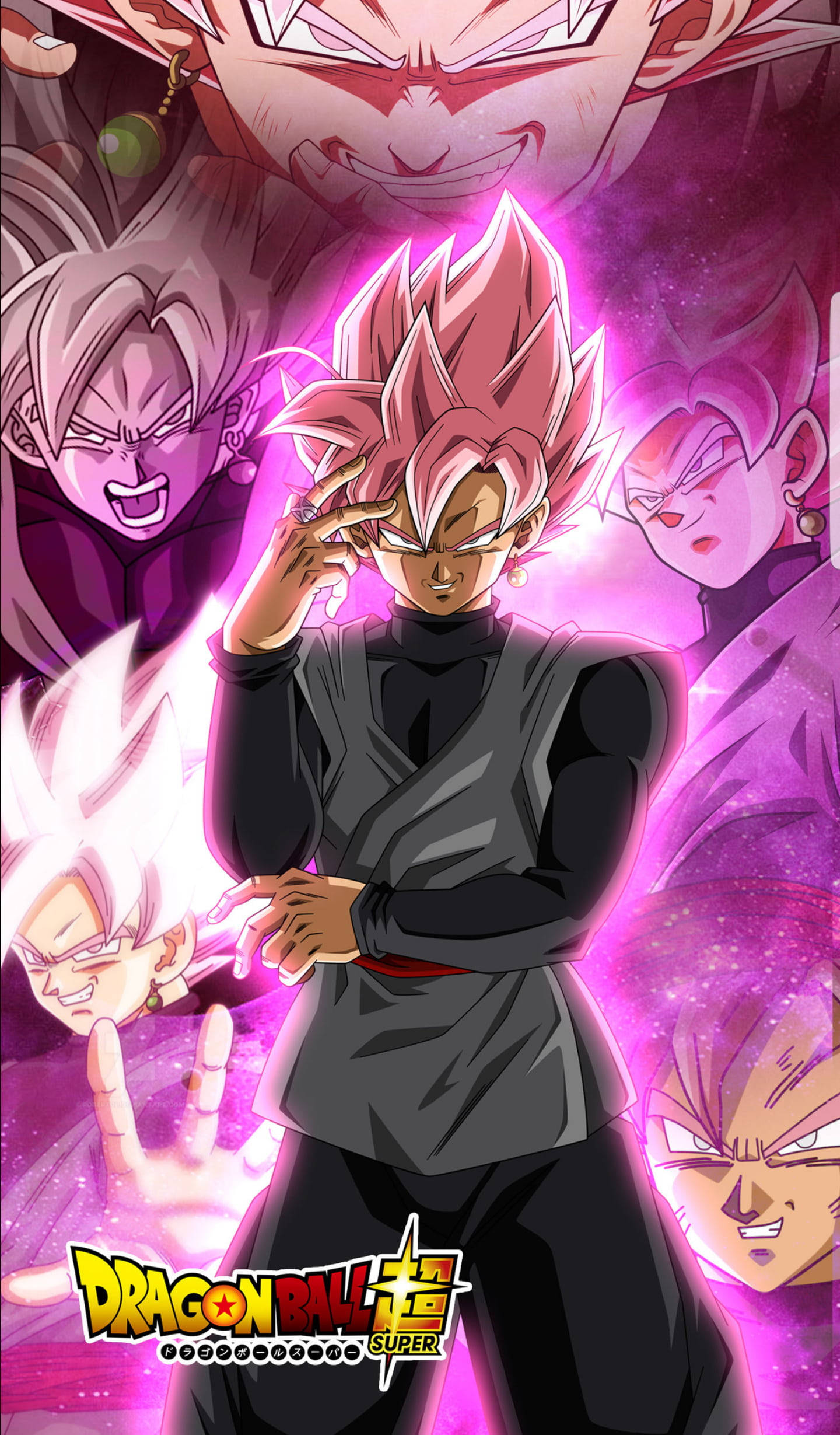 black goku rose 4K 桌布 壁紙 — 一個擁有粉紅色尖刺頭髮和發光光環的強大動漫角色，在宇宙紫色背景前被其他表情激烈的面孔包圍，站在舞台中央。