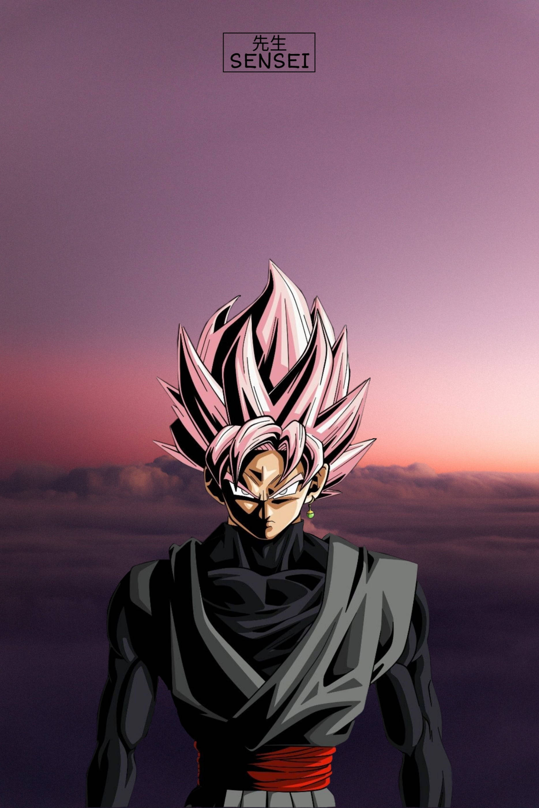 black goku rose 4K 桌布 壁紙 — 一個擁有粉紅色尖刺頭髮的強大動漫角色，站在雲層之上的紫色日落天空前。