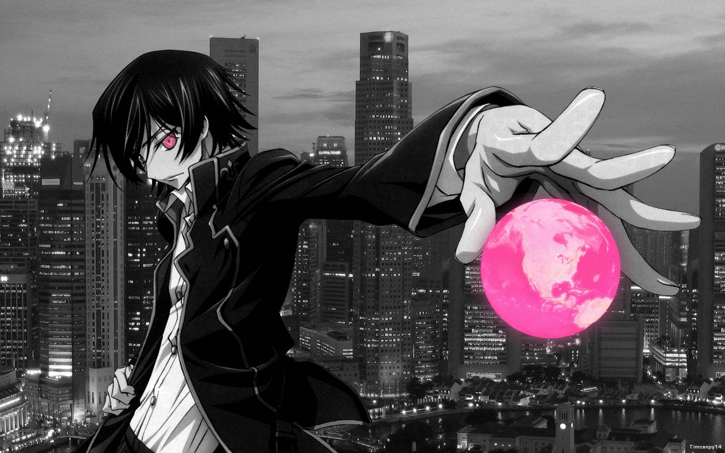 Lelouch 桌布 壁紙 — 一個擁有粉紅色眼睛的動漫角色在夜晚的單色城市景觀上舉著一個發光的粉紅色月亮。