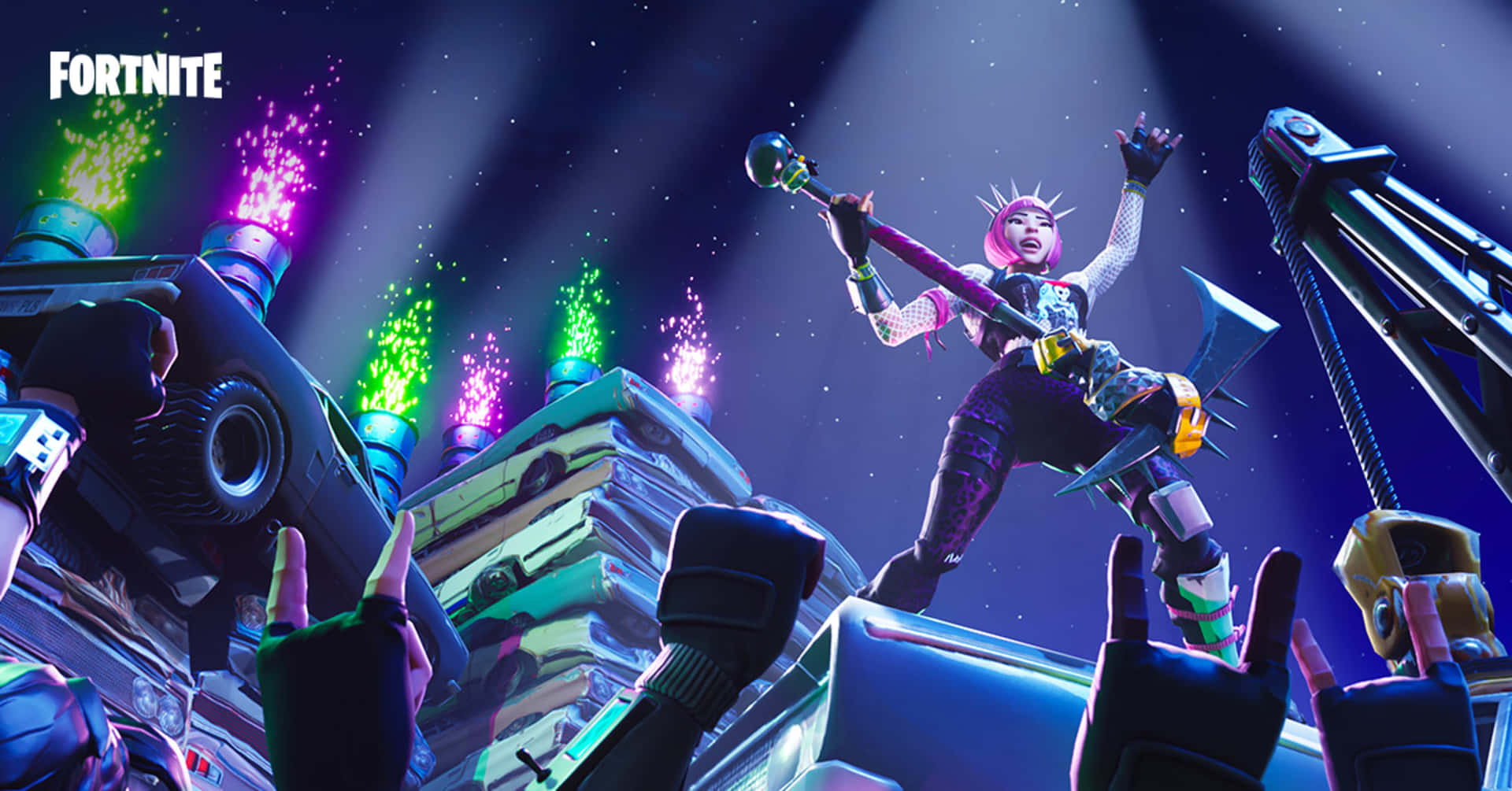 Console Game 桌布 壁紙 — 一個擁有粉紅色頭髮和尖刺頭飾的Fortnite角色站在一堆車輛上，背景是星空、五彩繽紛的煙火和閃爍的聚光燈。