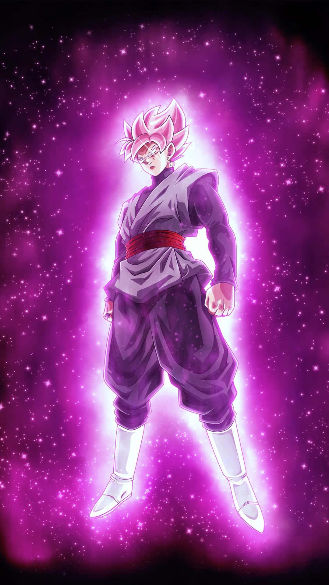 Dragon Ball iPhone 桌布 壁紙 — 一個擁有粉紅色頭髮和發光光環的強大動漫角色，漂浮在充滿活力的紫色星空之中。