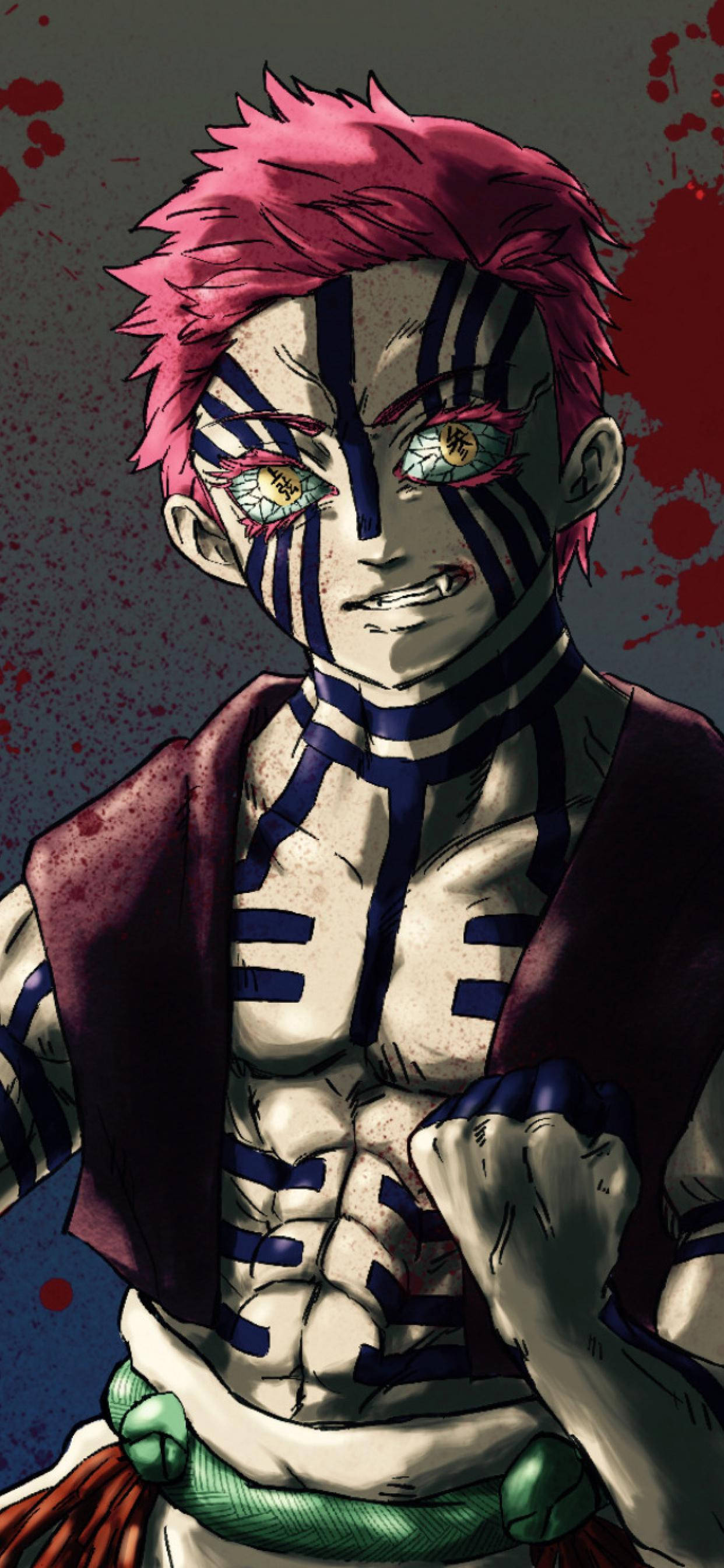 Demon Slayer Phone 桌布 壁紙 — 一個擁有粉紅色頭髮和藍色條紋的兇猛動漫戰士，在濺滿血跡的灰色背景下強烈凝視。