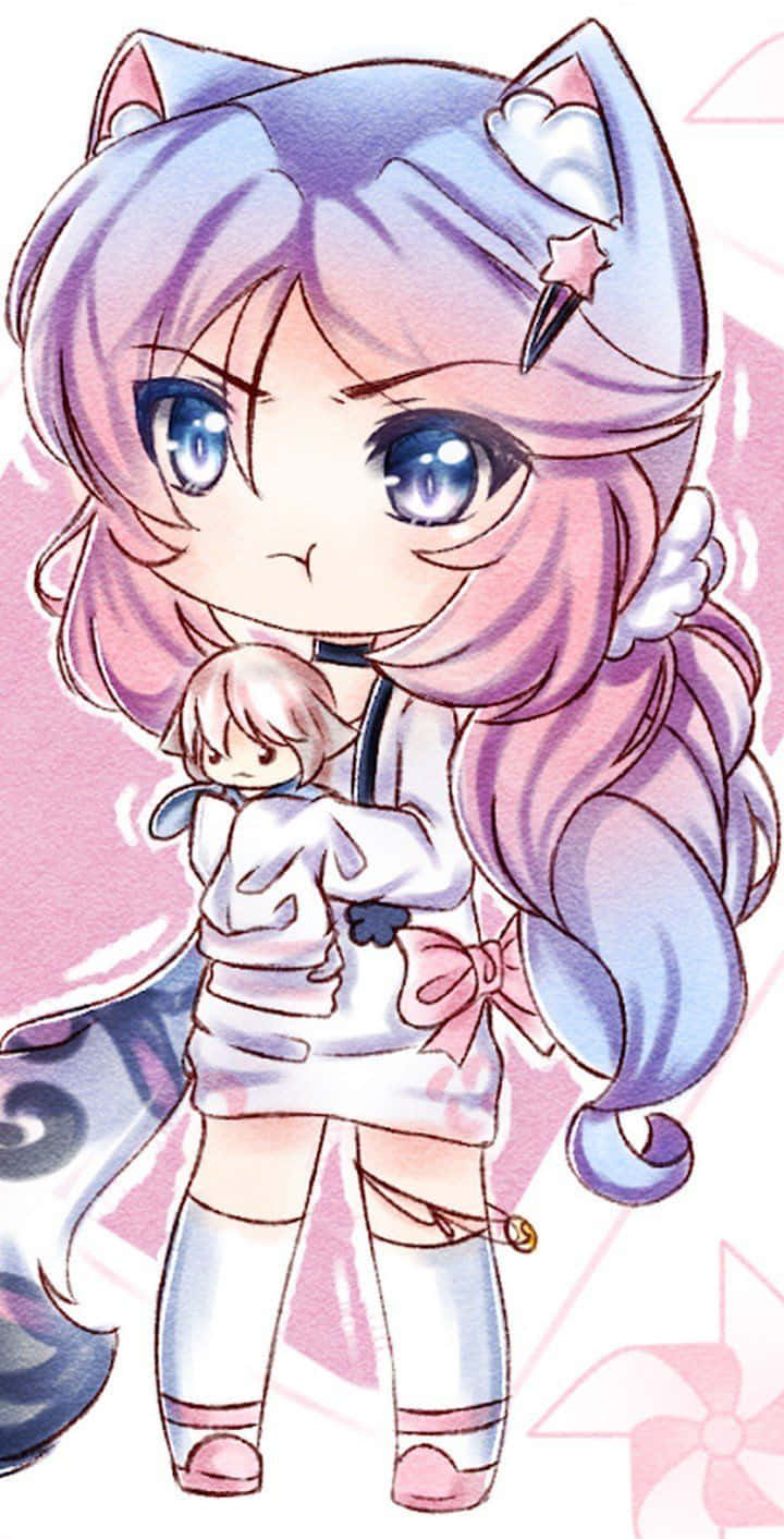 Gacha Life Cute 桌布 壁紙 — 一個擁有粉紫色頭髮和貓耳的可愛動漫女孩，在柔和的粉紅色背景前抱著一個小娃娃。