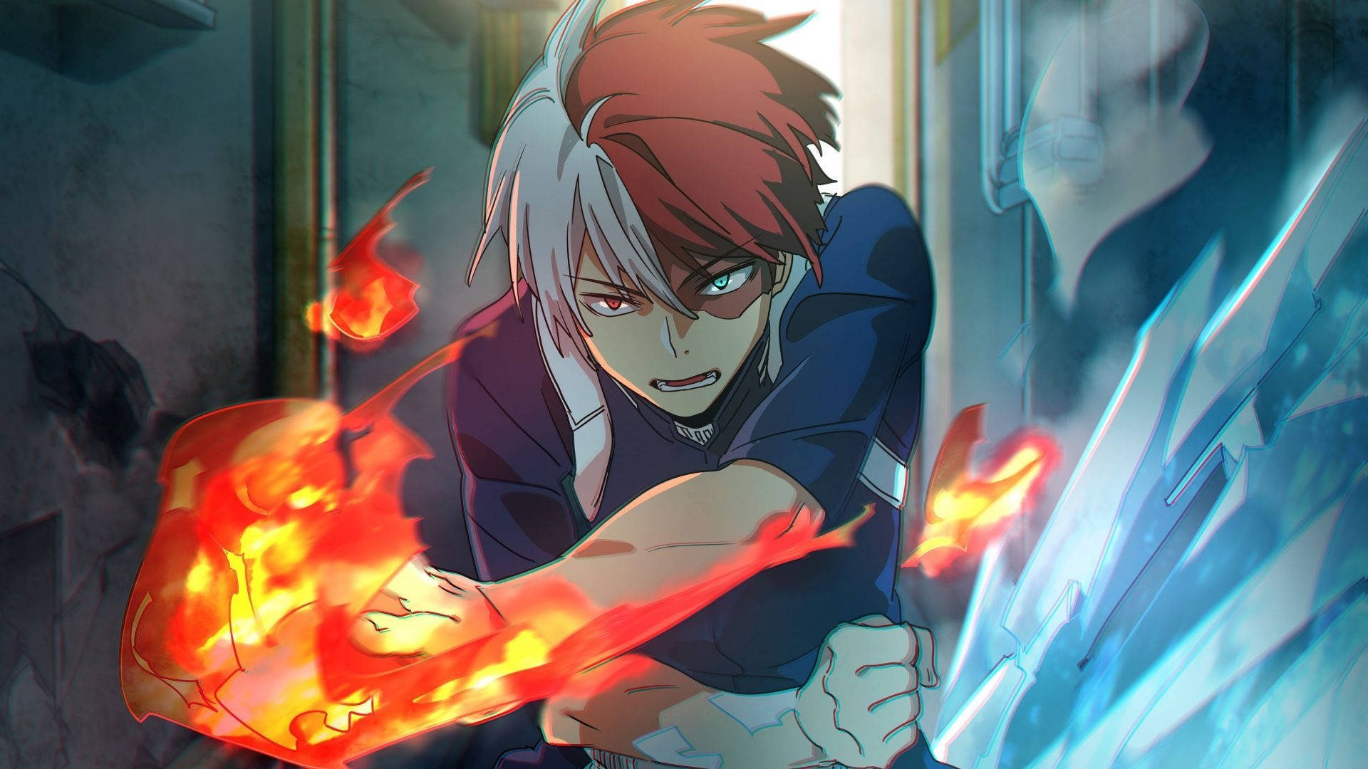 my 桌布 壁紙 — 一個擁有紅白頭髮的動漫角色，以戲劇性的戰鬥姿勢，對著發光的藍色刀刃釋放熾熱能量。