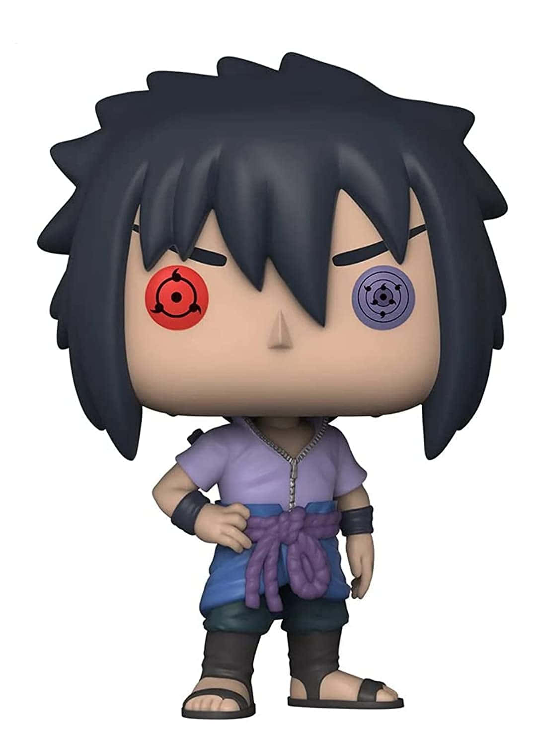 Sasuke 桌布 壁紙 — 一個擁有紅色和紫色寫輪眼的宇智波佐助Funko Pop公仔，穿著他的標誌性服裝。