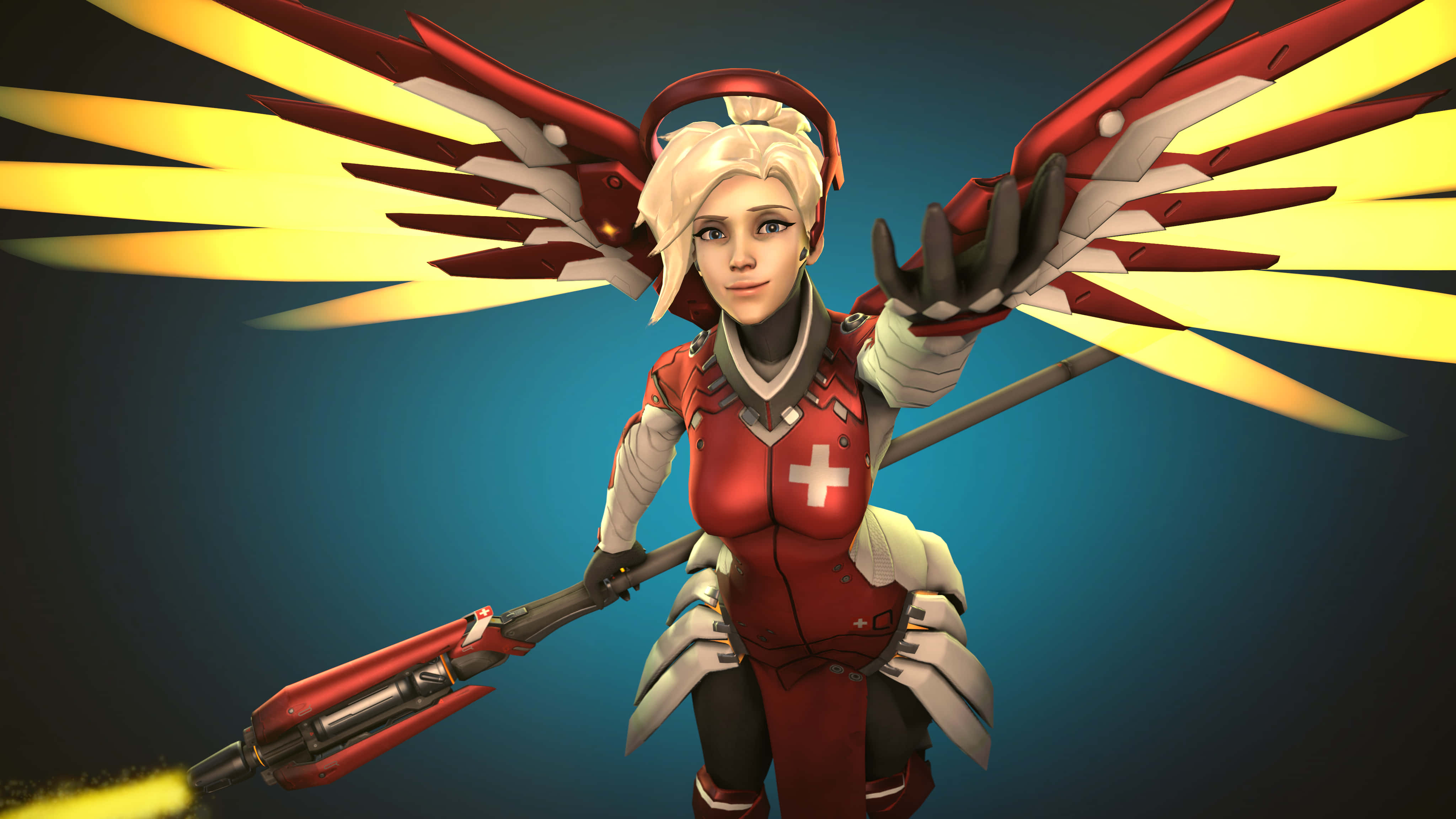 Mercy Overwatch 桌布 壁紙 — 一個擁有紅色和黃色機械翅膀的女性電子遊戲角色，在深藍色背景前手持發光武器。