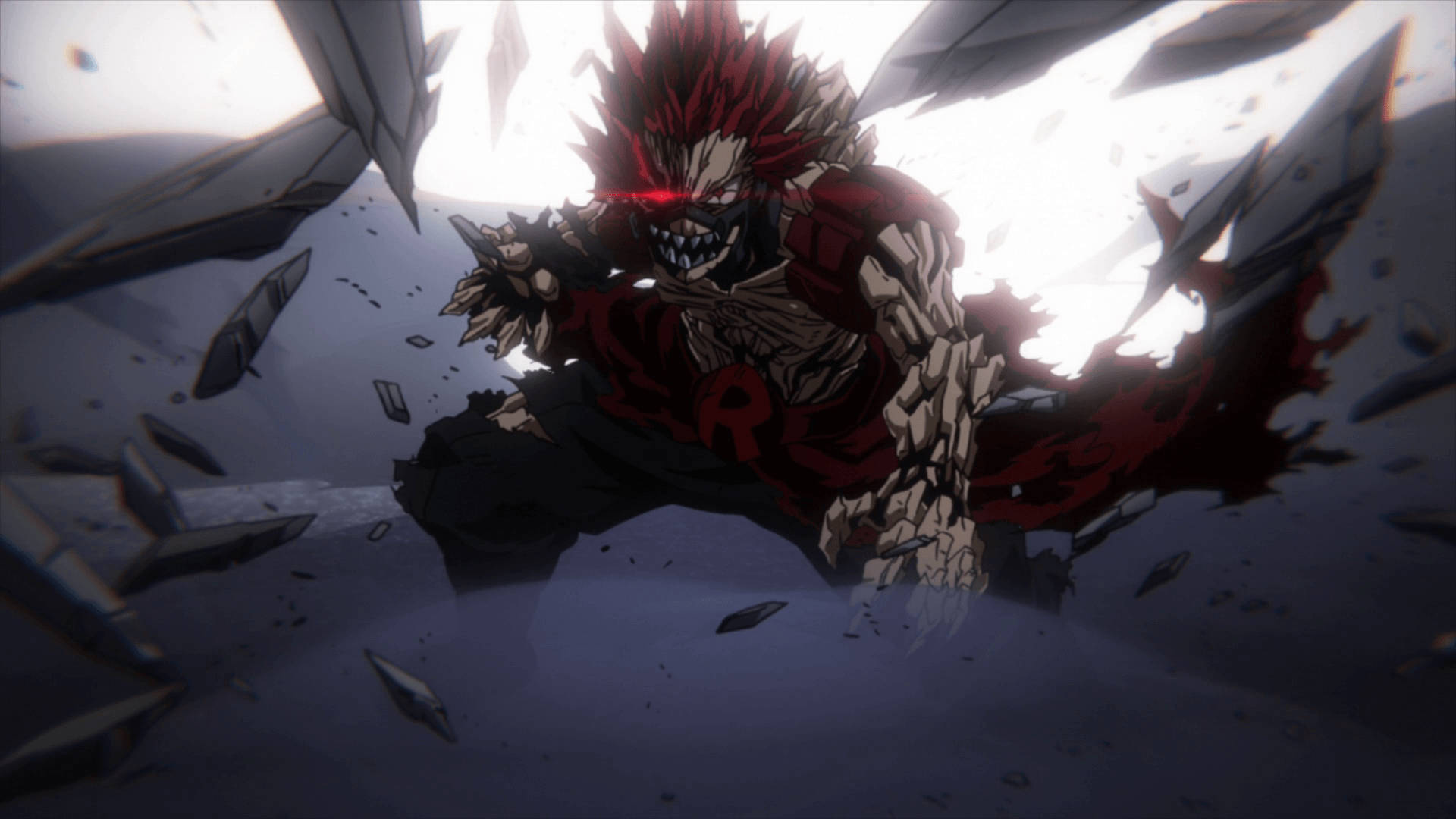Kirishima 桌布 壁紙 — 一個擁有紅色尖刺頭髮和發光眼睛的怪物動漫角色，在動態動作場景中衝破碎玻璃。