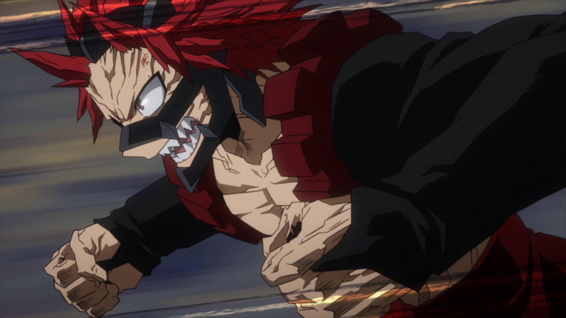 Kirishima 桌布 壁紙 — 一個擁有紅色尖刺頭髮和黑色面具的動漫角色，在模糊的天空背景下握緊拳頭向前猛衝。