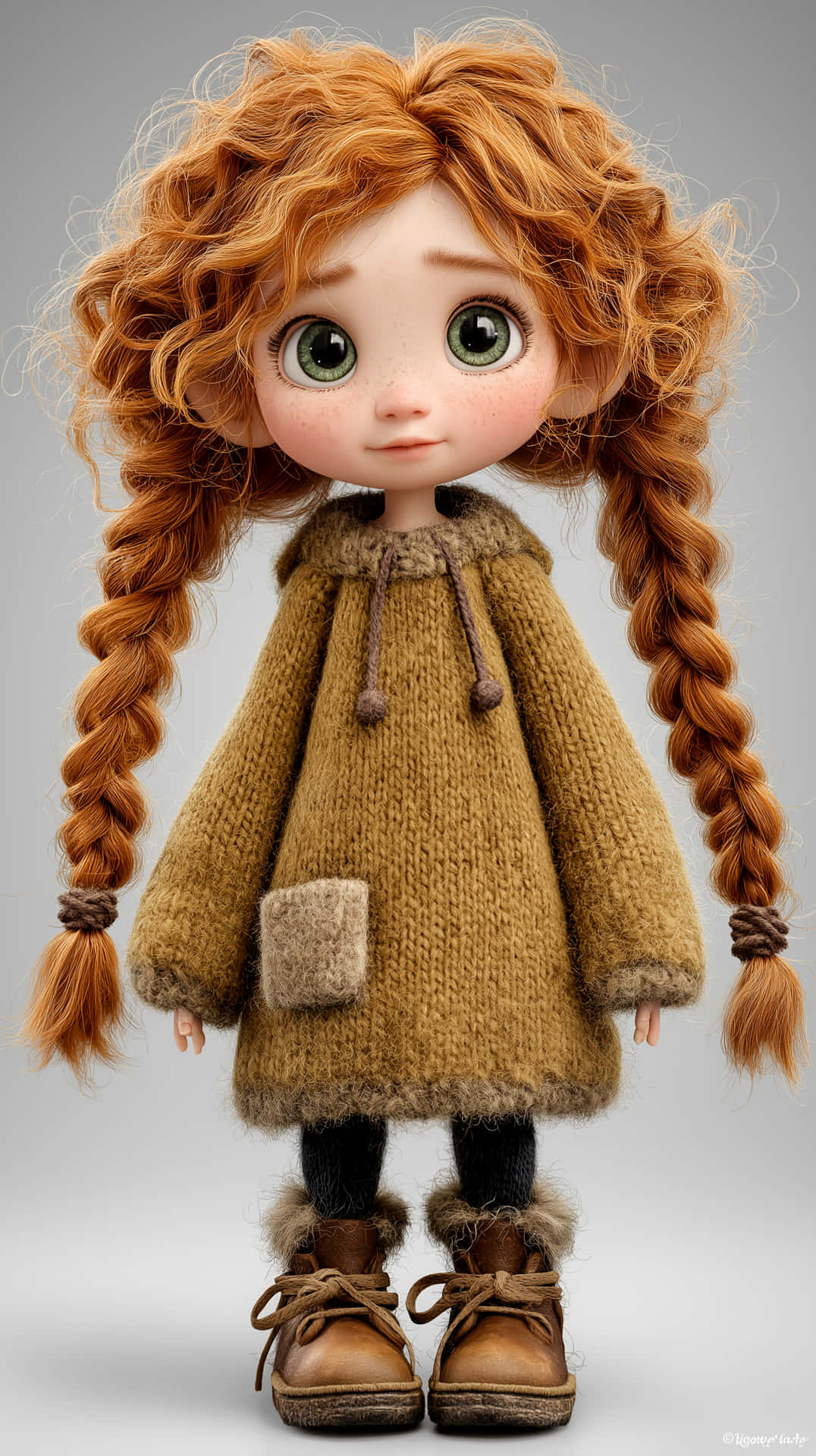 Adorable Cartoon Girl with Fiery Red Curly Hair and Big Eyes 壁紙 — 一個擁有紅色捲曲辮子頭髮和綠色眼睛的洋娃娃，穿著質感棕色針織外套和毛皮襯裡靴子。