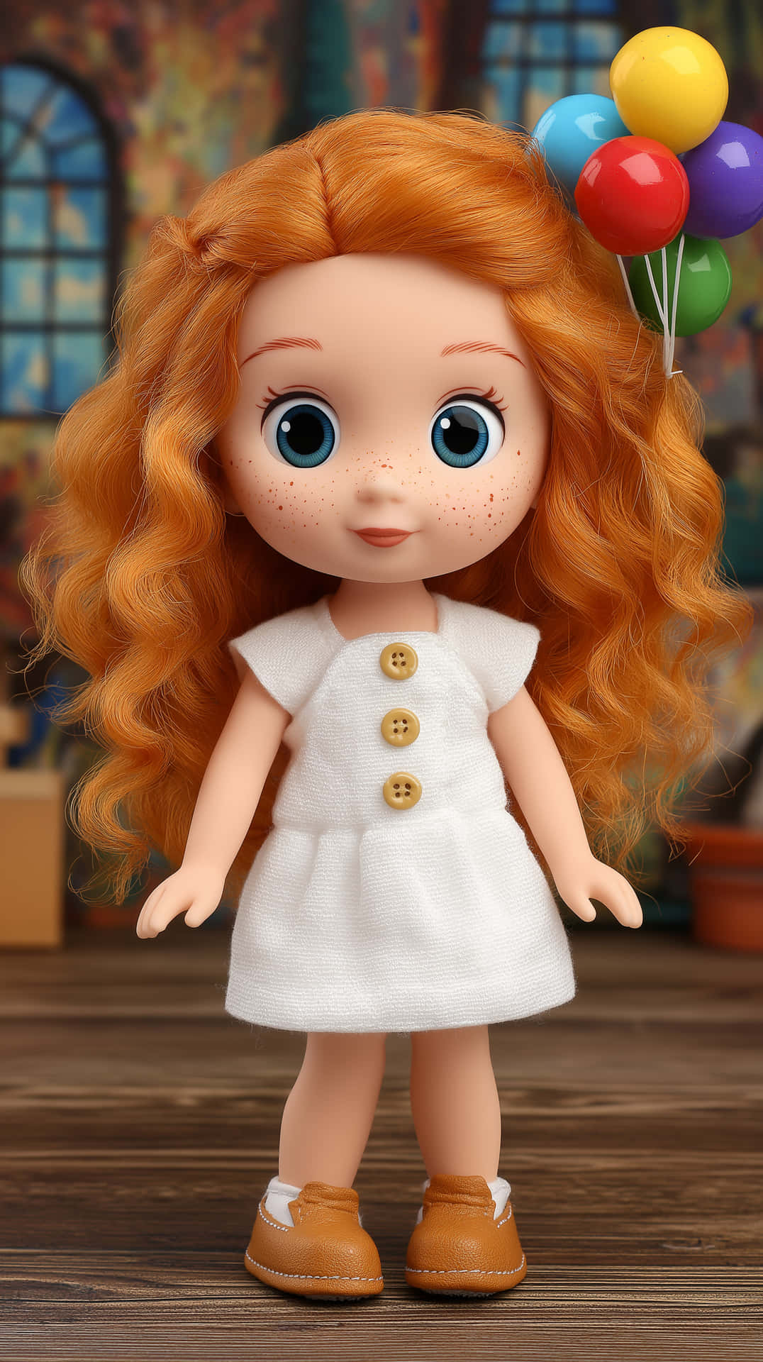 Cute Doll with Red Curly Hair, Blue Eyes, and White Dress 壁紙 — 一個擁有紅色捲髮和藍色眼睛的洋娃娃，穿著帶有木鈕扣的白色連衣裙，在彩繪背景前手持彩色氣球。