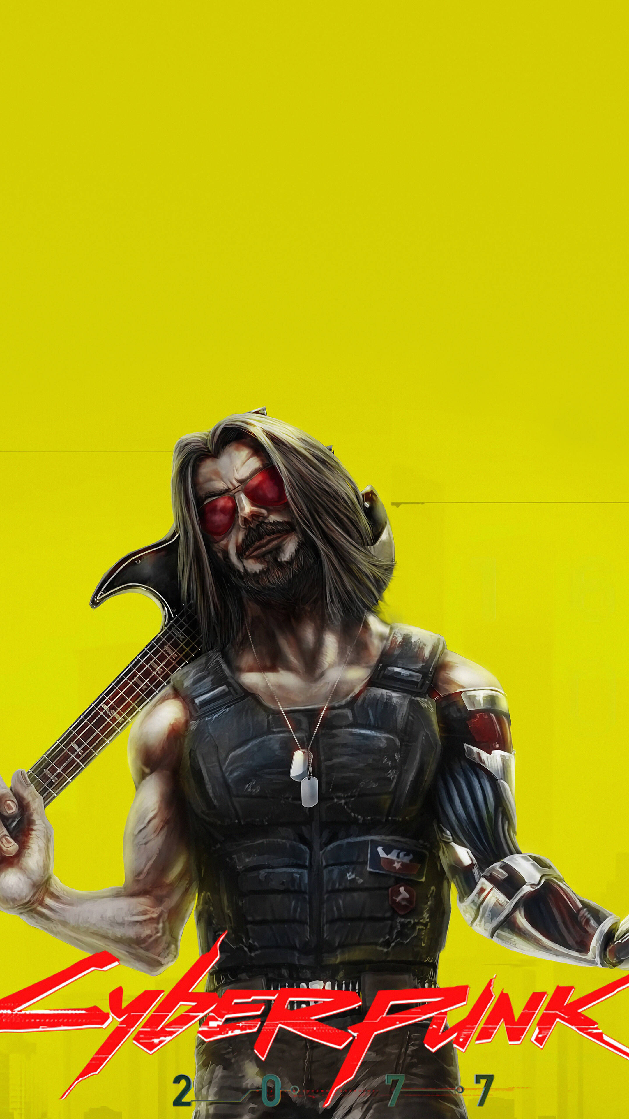 cyberpunk 2077 iPhone 桌布 壁紙 — 一個擁有紅色發光眼睛和機械手臂的賽博龐克搖滾歌手，在明亮的黃色背景前拿著吉他。