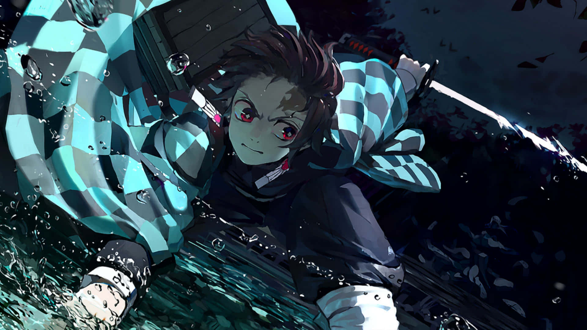 紅眼動漫戰士從水中浮現，手持劍。 — 鬼滅之刃 4K 壁紙