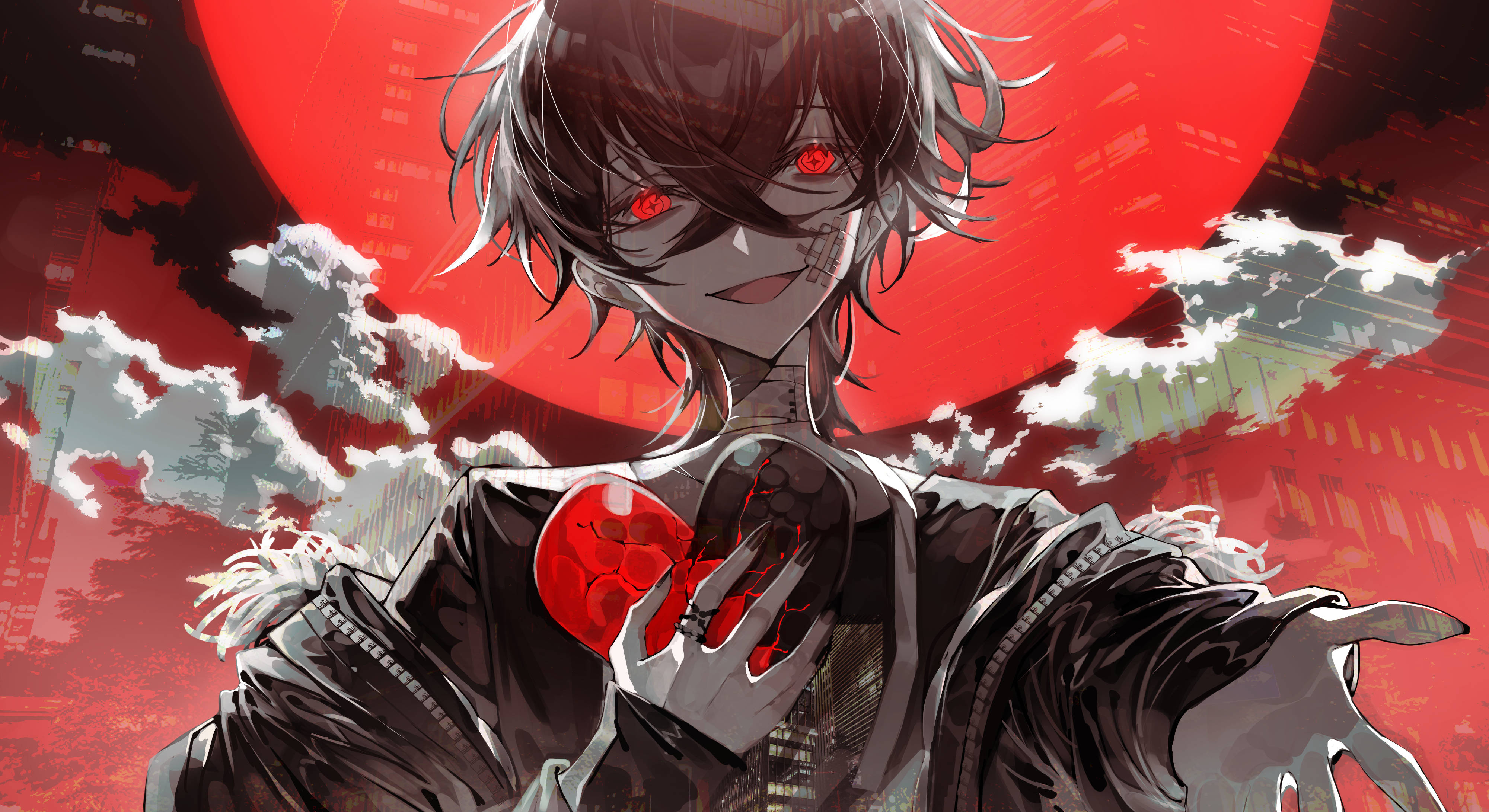 Scary Anime Boy 桌布 壁紙 — 一個擁有紅色眼睛和破裂心臟的動漫角色，在帶有數位雲的熾熱紅色天空下，手持一個發光的紅色球體。