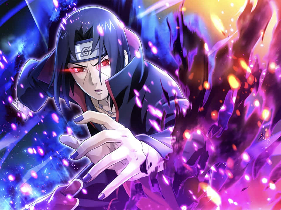 Jutsu 桌布 壁紙 — 一個擁有紅色眼睛和黑色斗篷的動漫角色，以動態戰鬥姿勢引導紫色和藍色的查克拉能量。