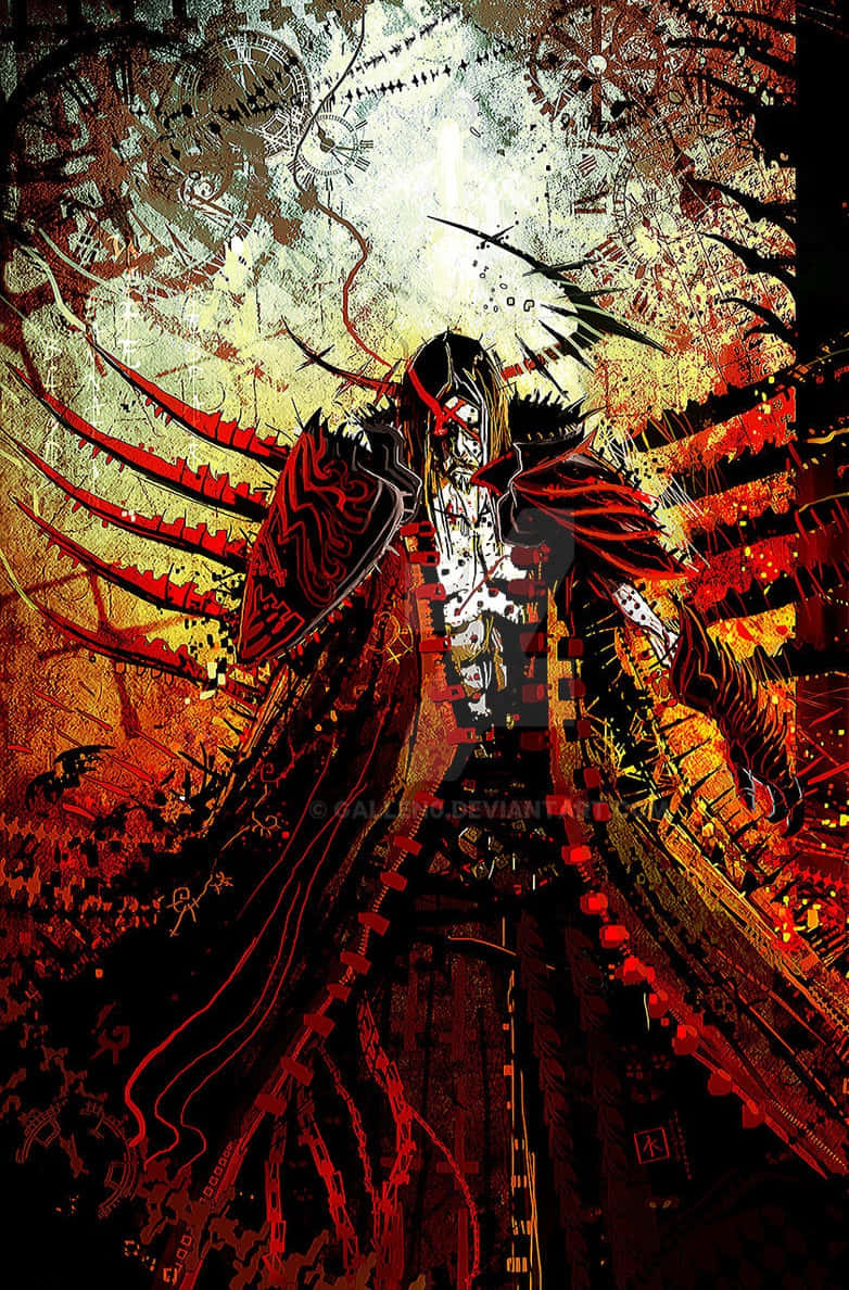Vampire Lord 桌布 壁紙 — 一個擁有紅色翅膀和機械裝甲的黑暗動漫戰士，站在混亂的齒輪和血紅色能量之中。