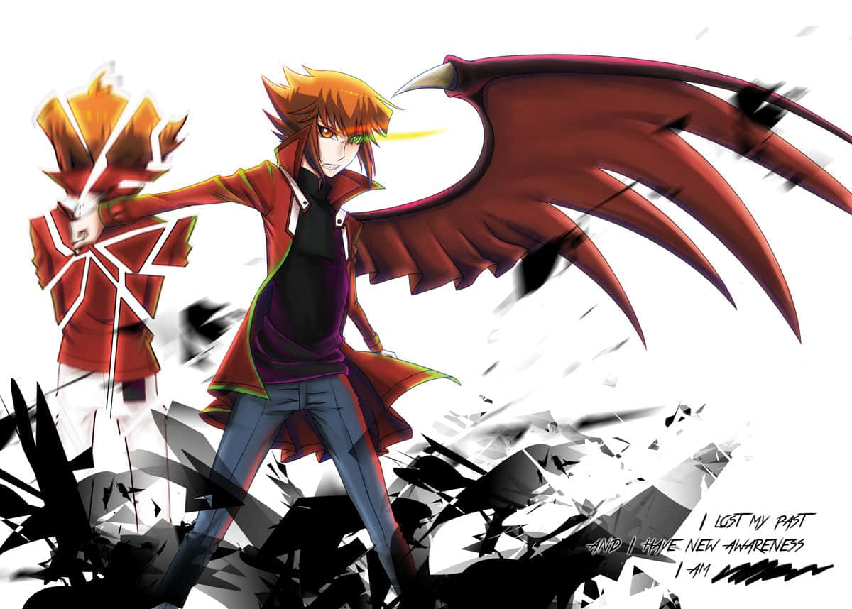 Jaden Yuki 桌布 壁紙 — 一個擁有紅色翅膀和火焰般頭髮的動漫角色，在純白色背景上，傲然站立於破碎的黑色碎片之中。
