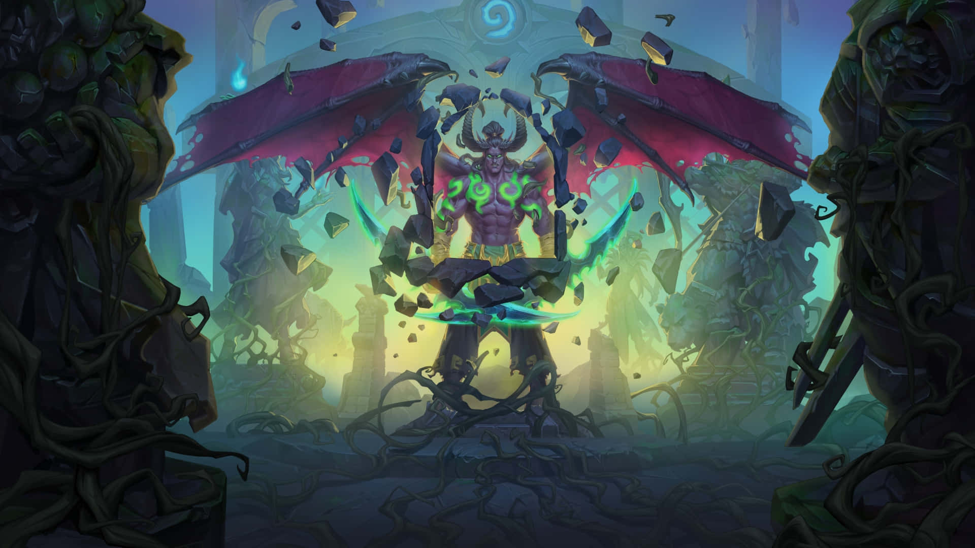 1920x1080 Hearthstone 桌布 壁紙 — 一個擁有紅色翅膀和發光綠色能量的惡魔般的身影，矗立在崩塌的廢墟和扭曲的藤蔓之中。