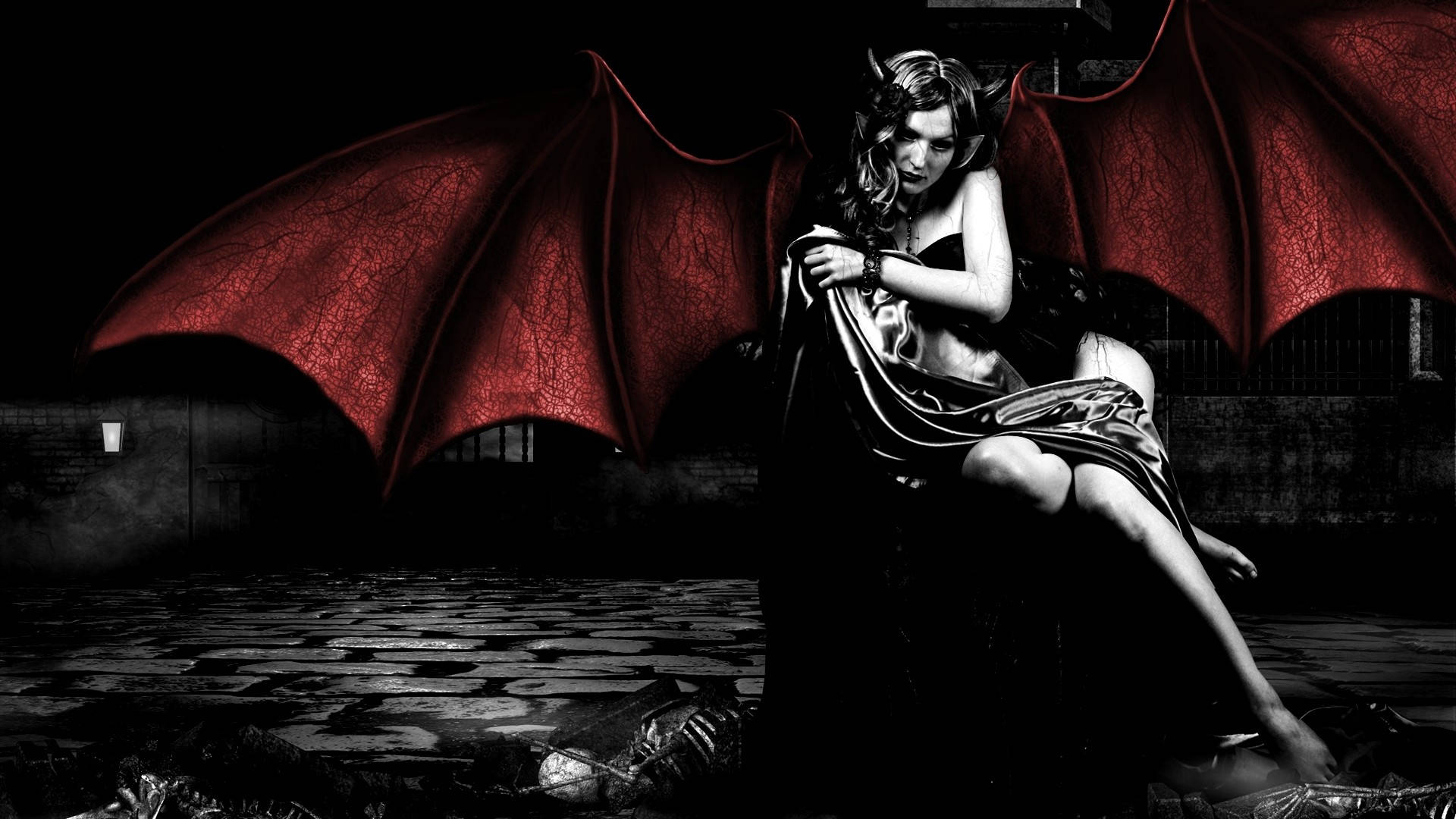 Succubus 桌布 壁紙 — 一個擁有紅色蝙蝠翅膀的黑暗奇幻女性坐在夜空下的石頭廢墟上。