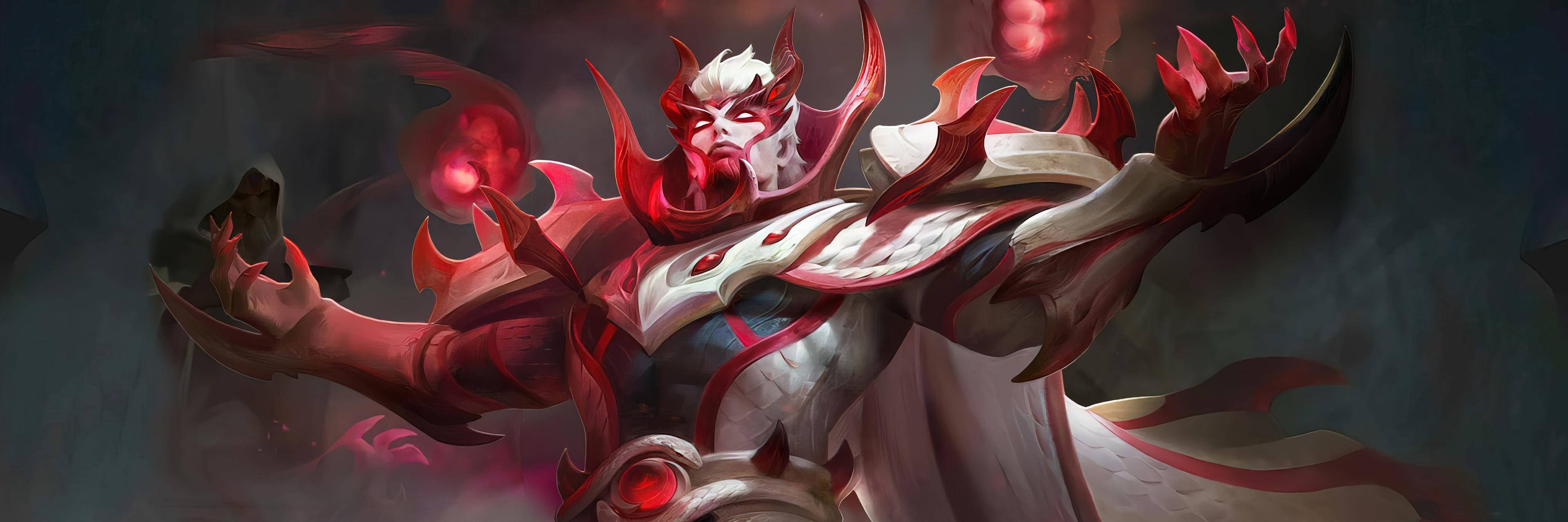 Mobile Legends 動態圖 桌布 壁紙 — 一個擁有紅色角和發光眼睛的惡魔戰士，以威脅姿態揮舞黑暗能量。