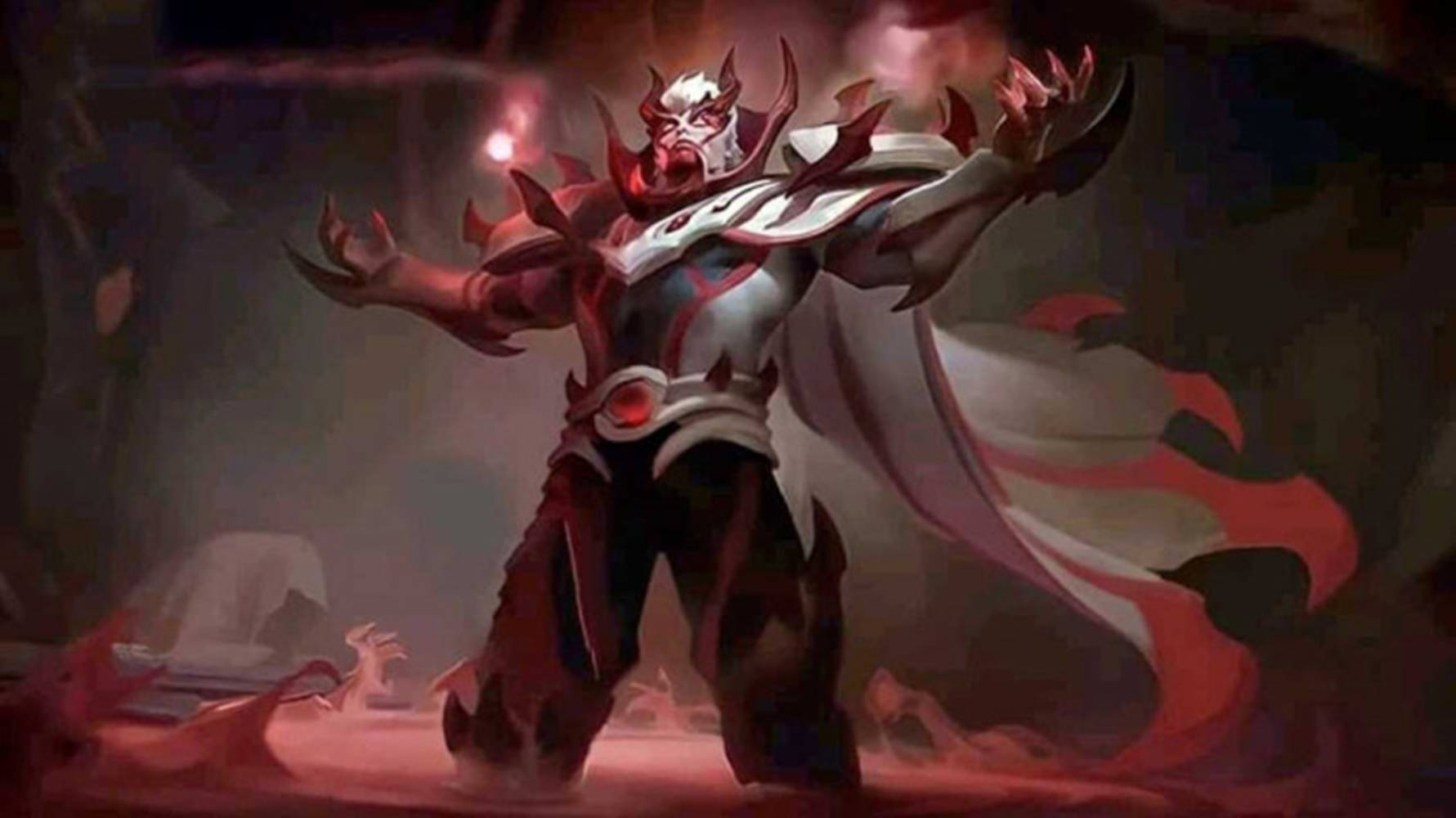 Mobile Legends 動態圖 桌布 壁紙 — 一個擁有紅色角和飄逸斗篷的惡魔戰士，在黑暗煙霧瀰漫的戰場上釋放出熾熱的能量。