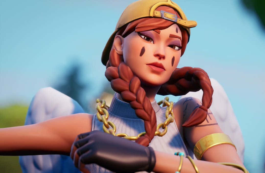 Fortnite 桌布 壁紙 — 一個擁有紅色辮子和金色配飾的Fortnite角色在明亮的藍天下自信地擺姿勢。