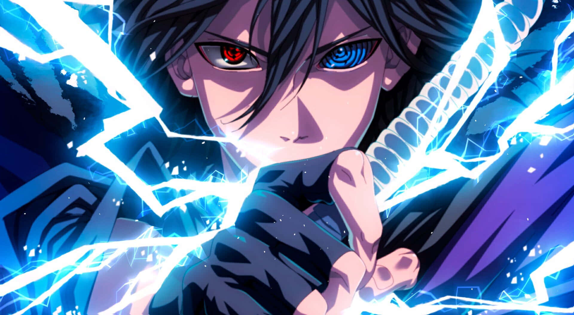 Naruto Anime 桌布 壁紙 — 一個擁有紅藍異色瞳的動漫角色，以發光劍引導電能，擺出動感姿勢。