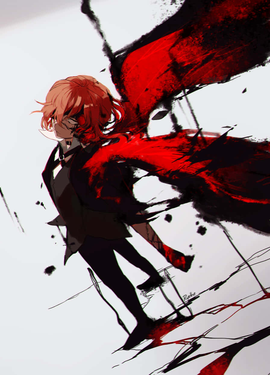 Chuya Nakahara 桌布 壁紙 — 一個擁有紅髮和飄逸紅色斗篷的動漫角色，在純白色背景上動態地站立，帶有醒目的黑色墨水飛濺。