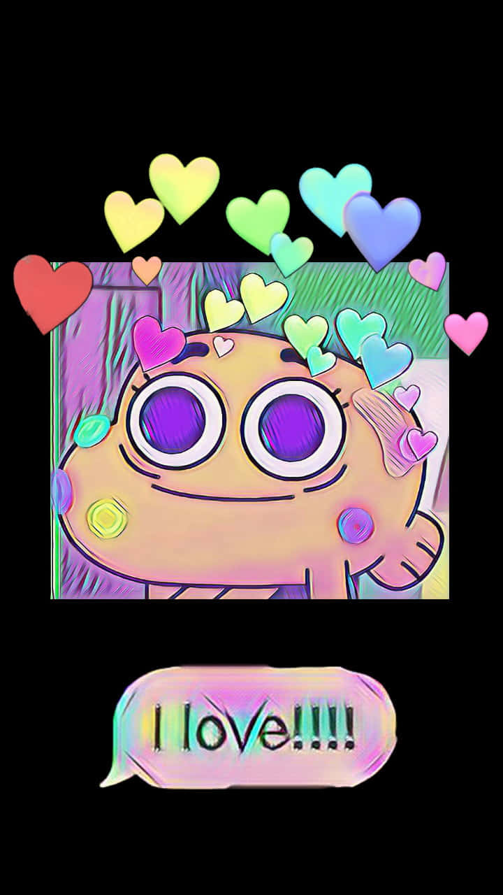 the amazing world of gumball 桌布 壁紙 — 一個擁有紫色大眼睛的卡通角色微笑著，周圍漂浮著色彩繽紛的心形和一個寫著「我愛!!!!」的對話框