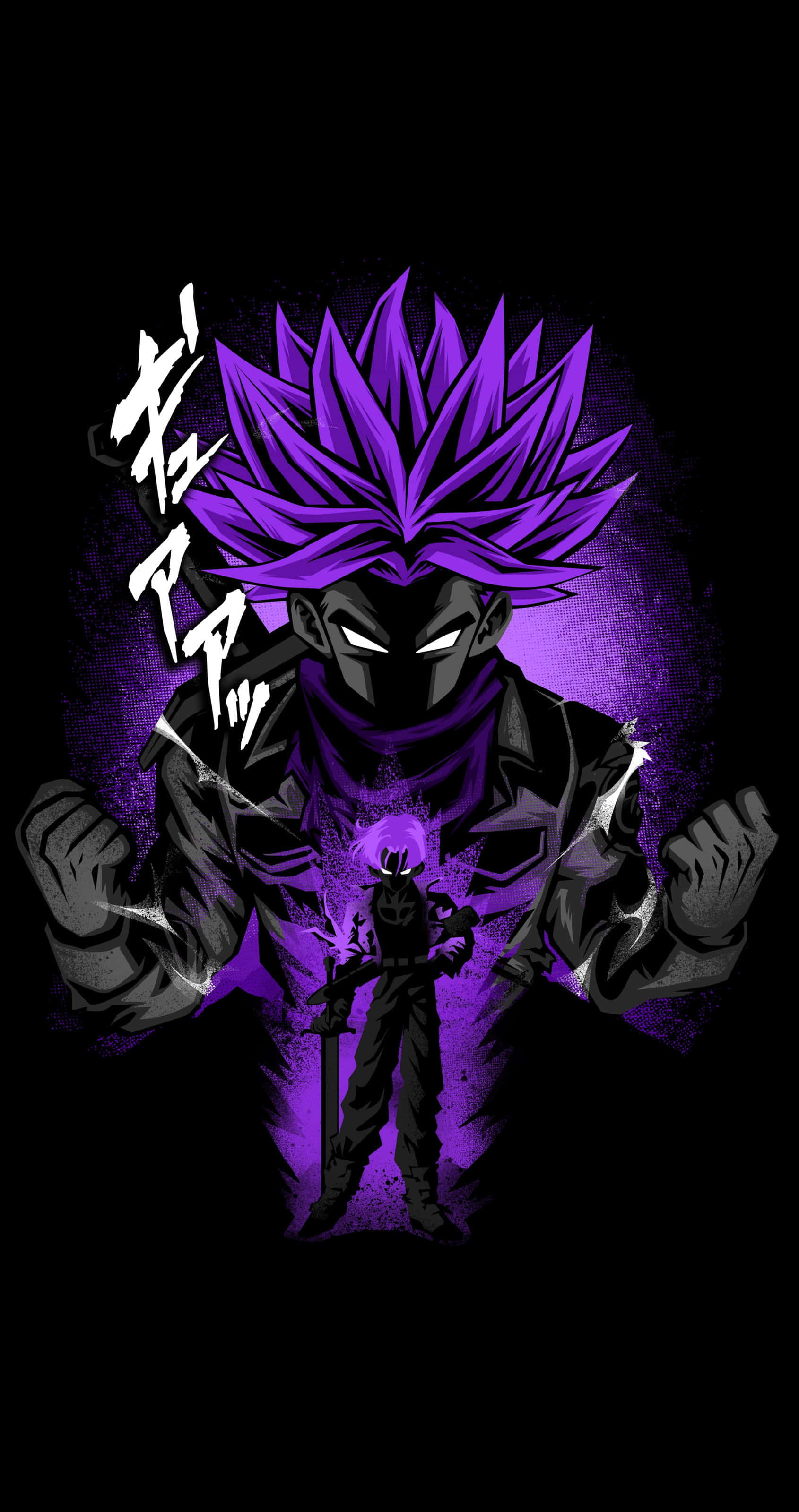 Trunks 桌布 壁紙 — 一個擁有紫色尖刺頭髮和發光眼睛的強大動漫角色，在帶有紫色能量效果的黑暗背景下威風凜凜地站立。