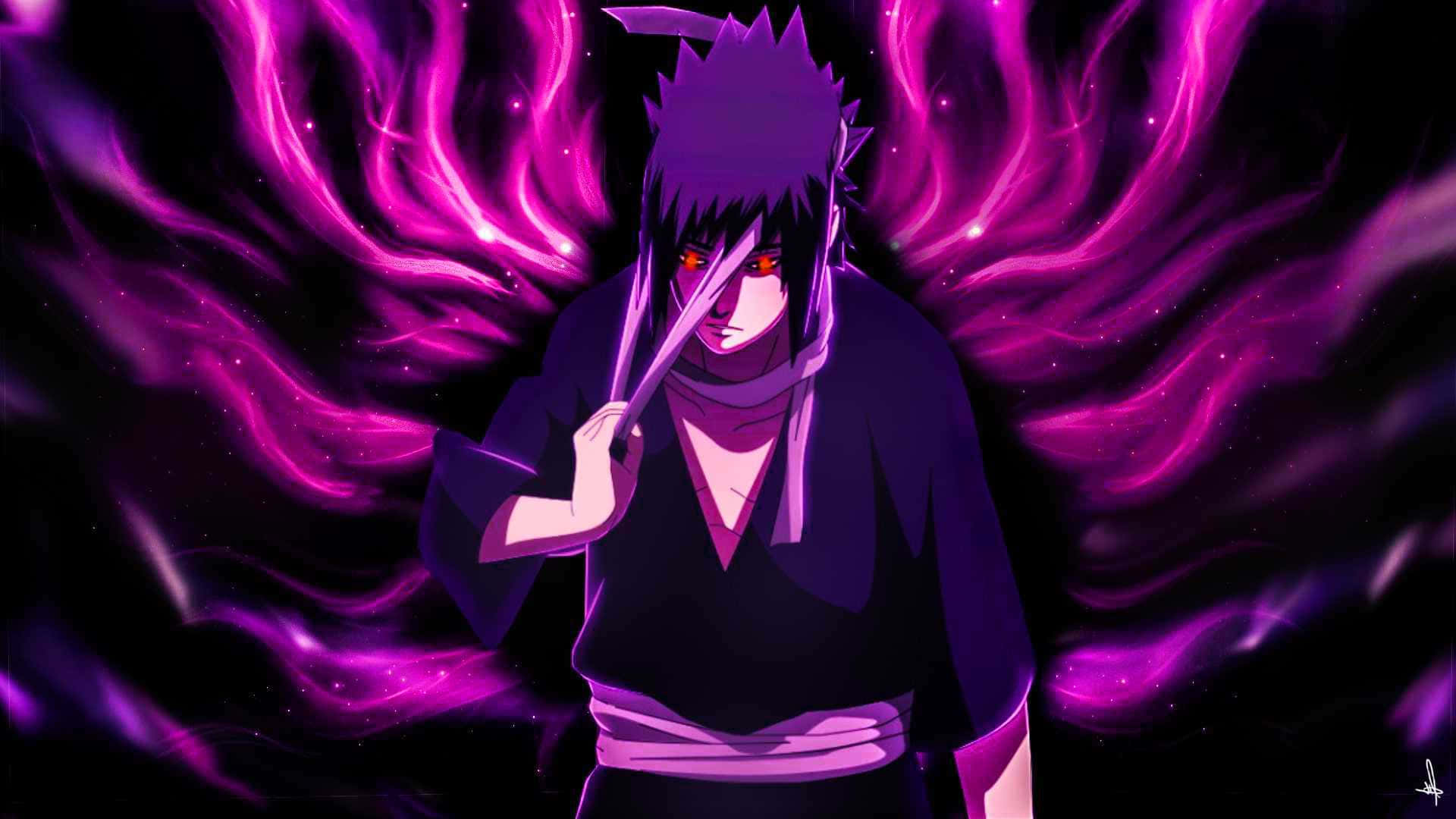 Purple Sasuke 桌布 壁紙 — 一個擁有紫色尖刺頭髮和紅色眼睛的動漫角色，站在旋轉的宇宙紫色背景前。
