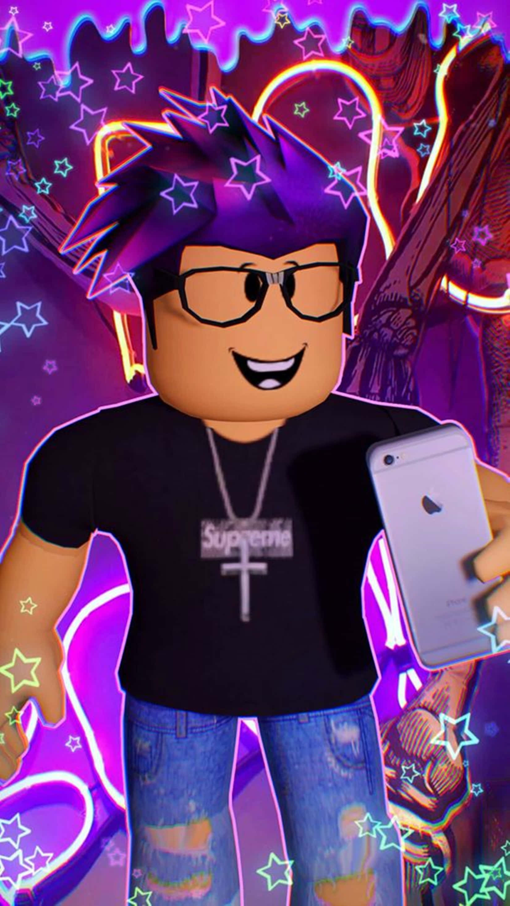 Roblox Gfx 桌布 壁紙 — 一個擁有紫色尖髮和眼鏡的Roblox頭像，在霓虹星空背景下微笑著拿著手機。