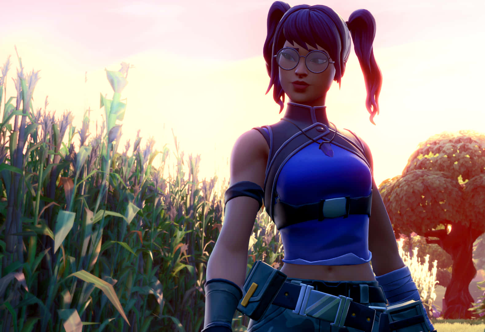 電玩遊戲 桌布 壁紙 — 一個擁有紫色辮子和眼鏡的Fortnite角色站在夕陽照耀的玉米田裡。