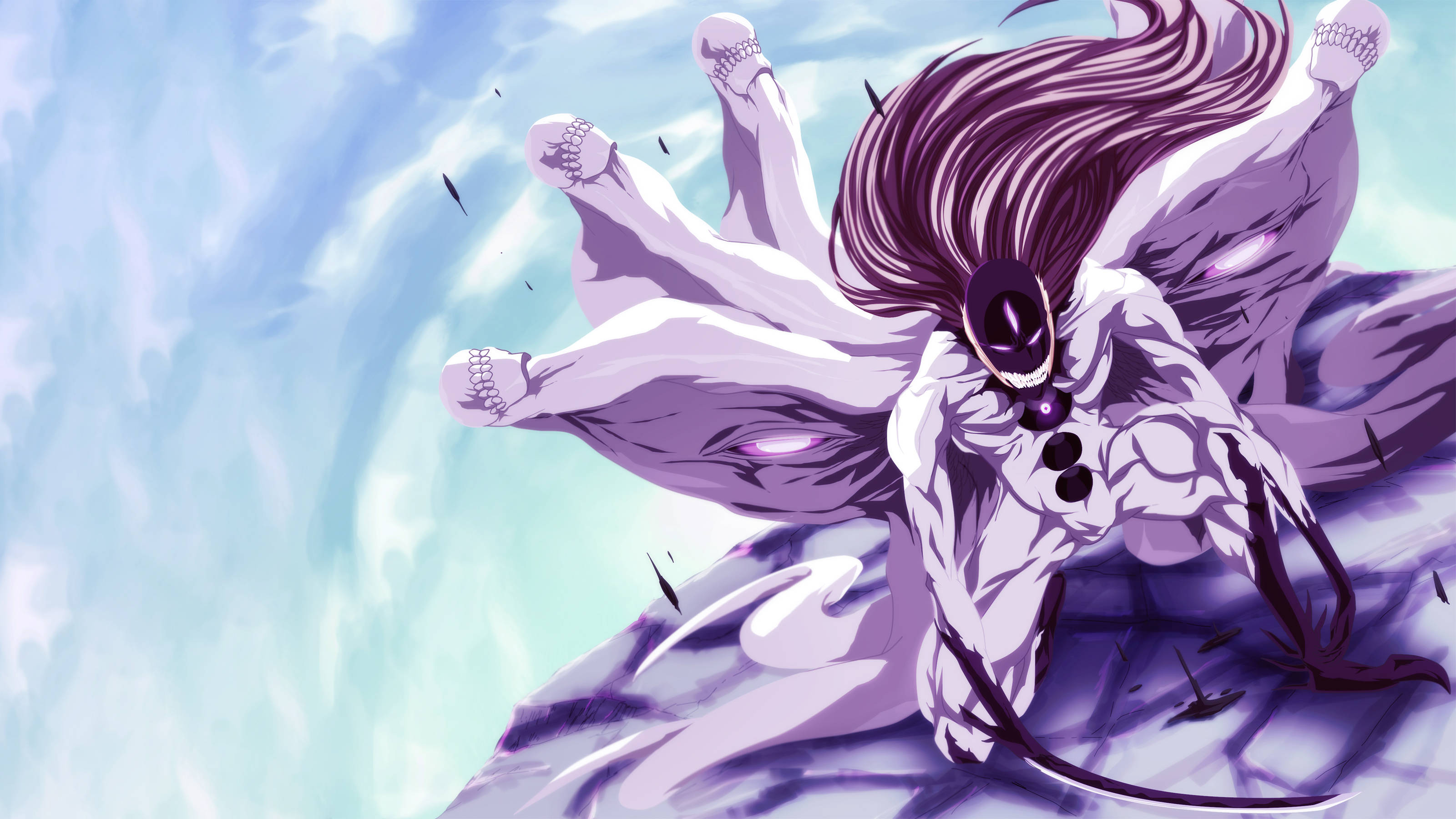 Aizen 桌布 壁紙 — 一個擁有紫色頭髮和發光眼睛的強大動漫角色，在旋轉的藍天背景下釋放出動態的能量攻擊。