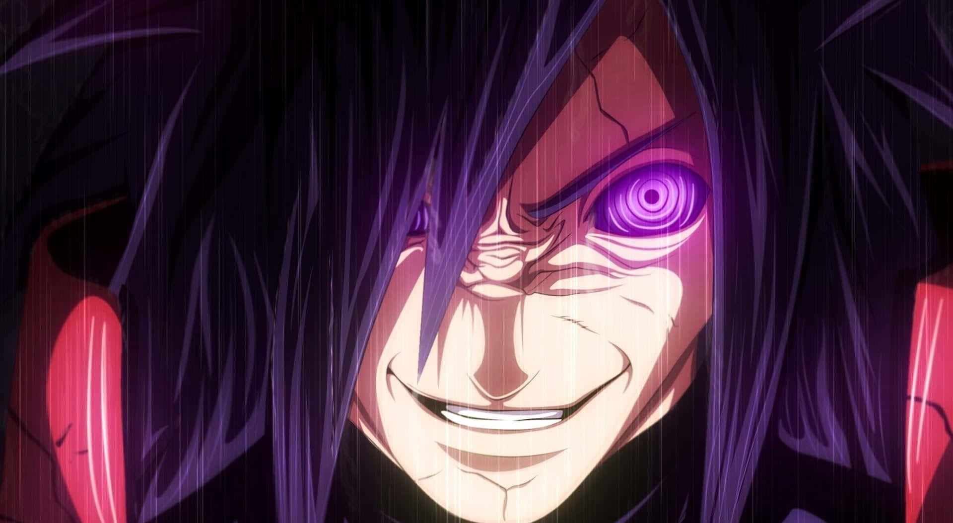 Madara Cool 桌布 壁紙 — 一個擁有紫色頭髮和發光螺旋眼的動漫角色在雨中露出威脅性的微笑。
